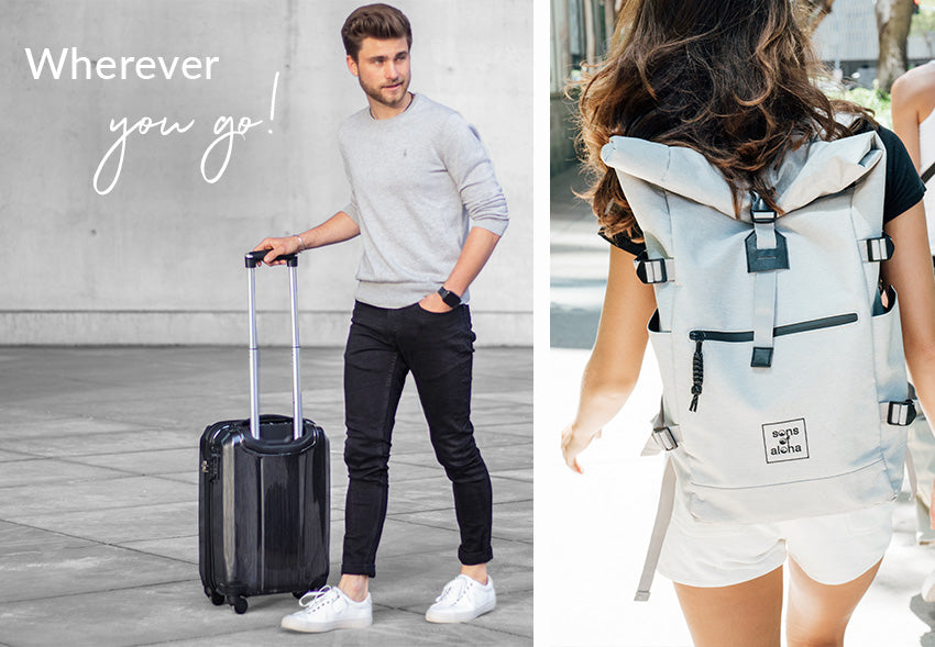 Collage eines Mannes mit Rollkoffer und einer Frau mit Rolltoprucksack