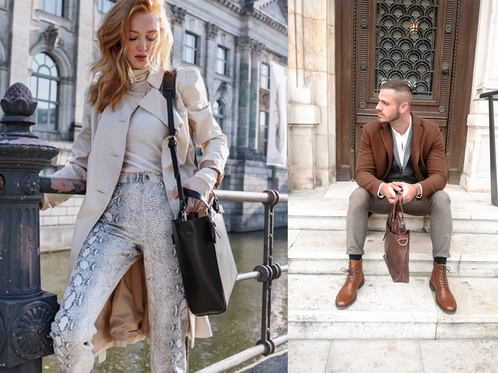 Frau und Mann mit jeweils einer Handtasche aus Leder