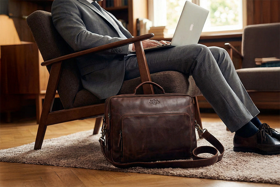 Laptoptasche Leder neben Mann mit Computer