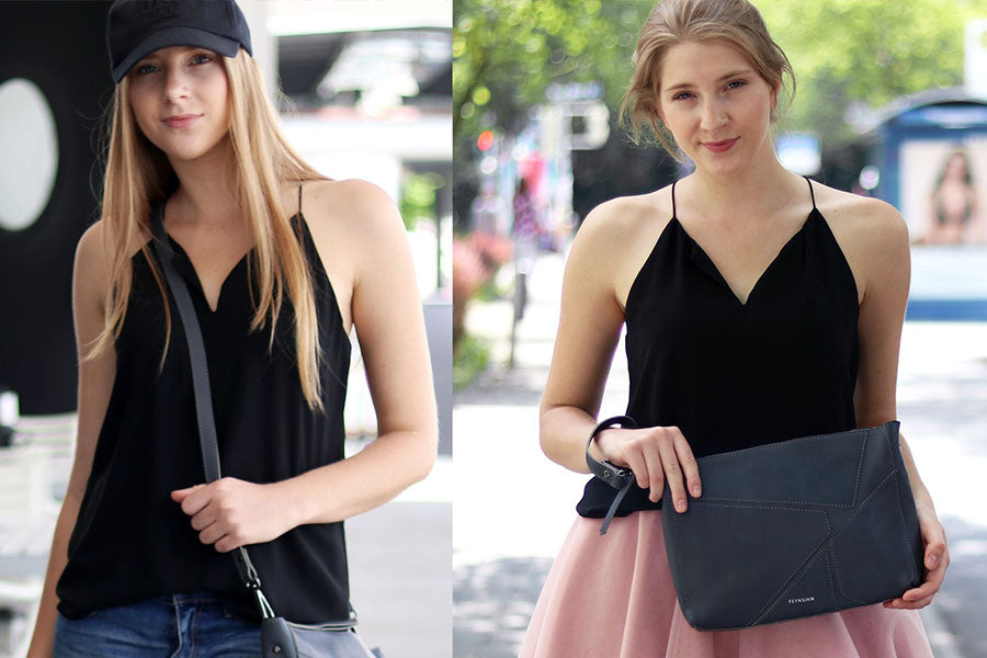 Zwei Frauen mit Ledertaschen Clutches