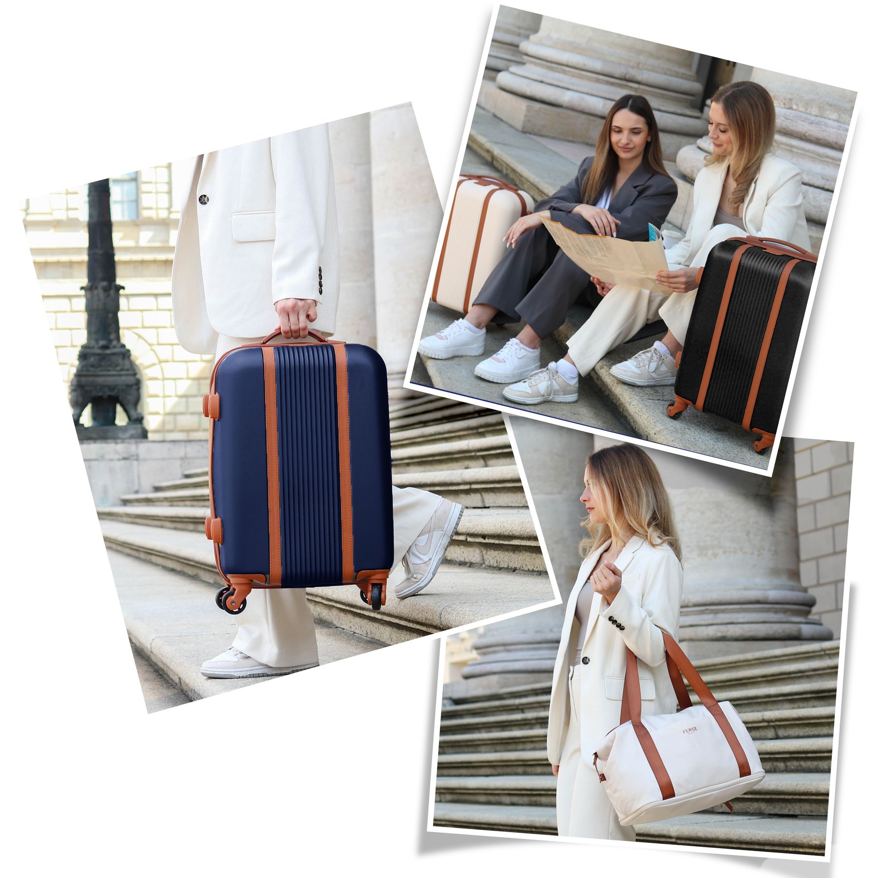 3 Bilder von Milano Set mit Reisetasche und Handgepäck neben zwei Frauen