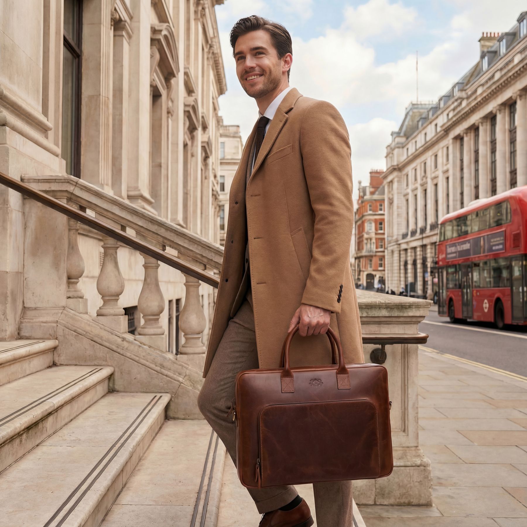Geschäftsmann mit edler brauner Aktentasche mit Frontfach 15" auf Reise in London