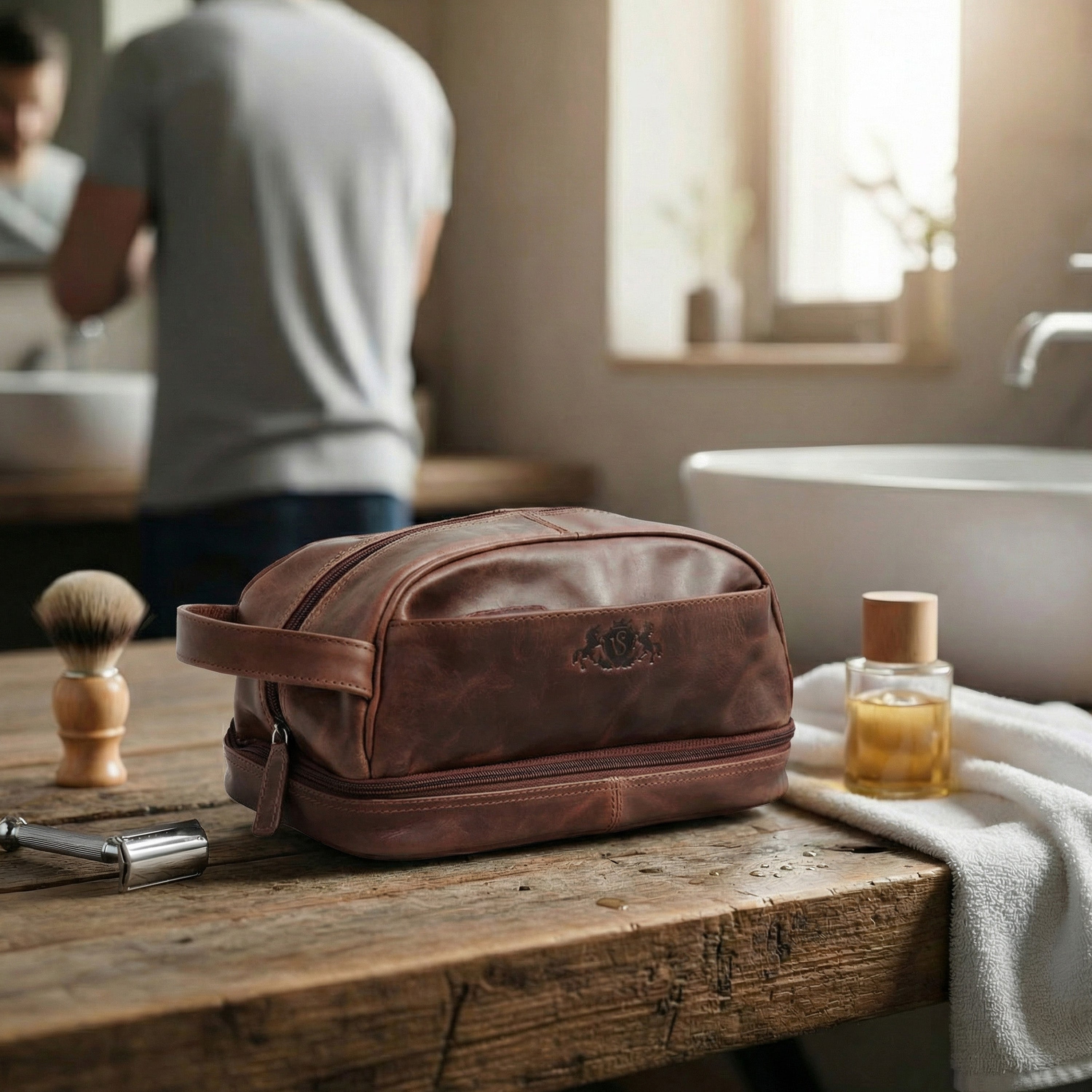 Kulturtasche Herren Leder braun ALEX Kulturbeutel