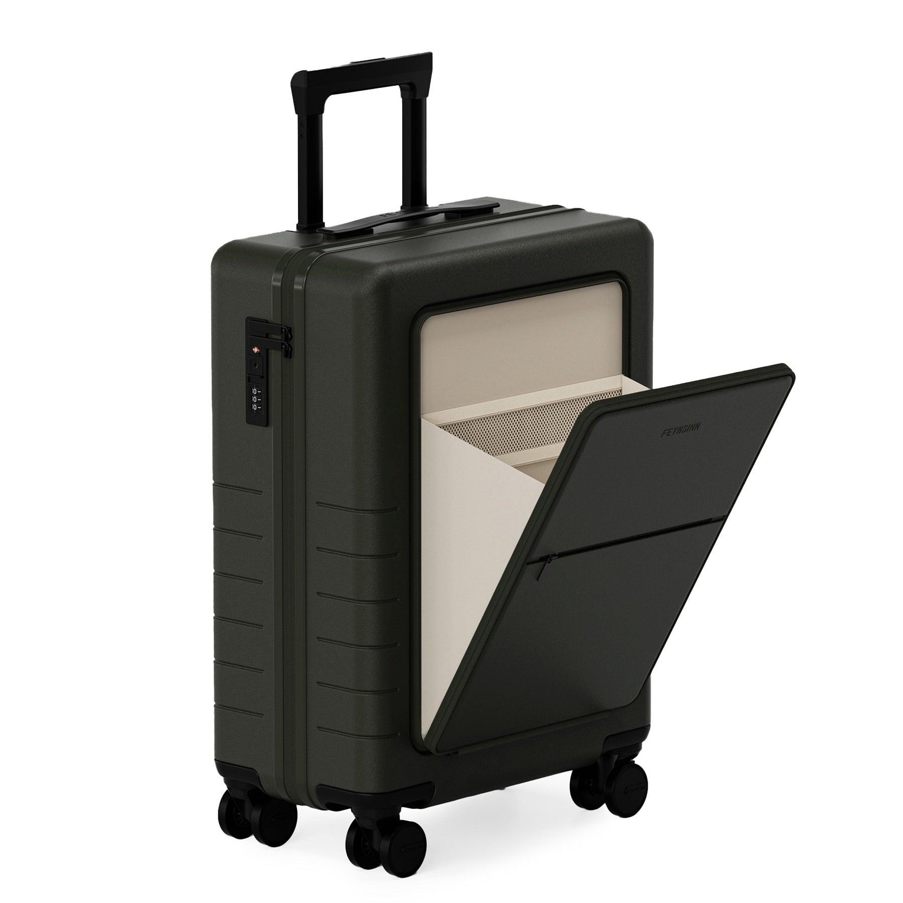 FEYNSINN Handgepäck-Koffer RYKER mit Frontfach schwarz beige olive Reisekoffer Kabinen-Trolley Hartschale 4 Rollen 50710