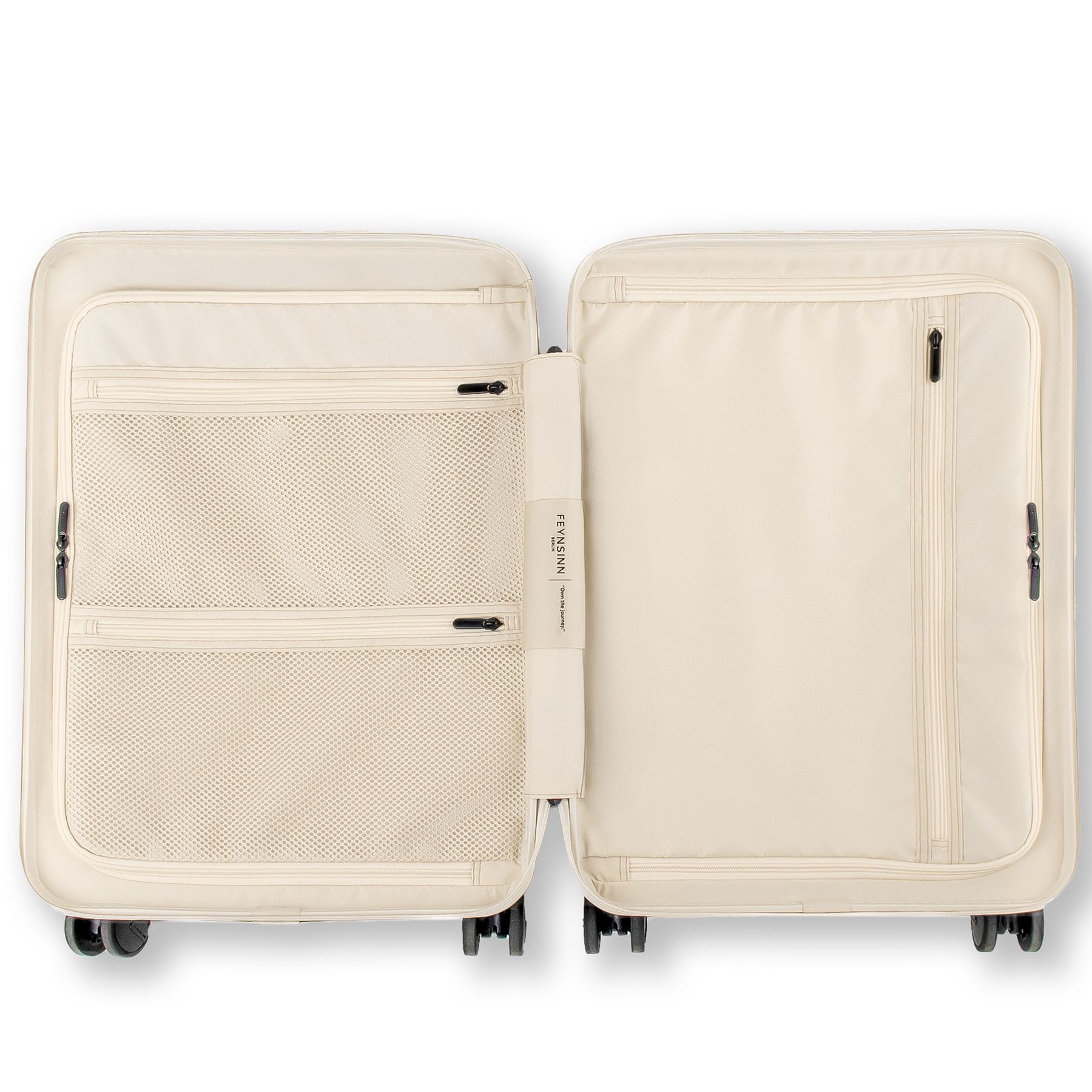 FEYNSINN Handgepäck-Koffer RYKER mit Frontfach schwarz beige olive Reisekoffer Kabinen-Trolley Hartschale 4 Rollen Innen