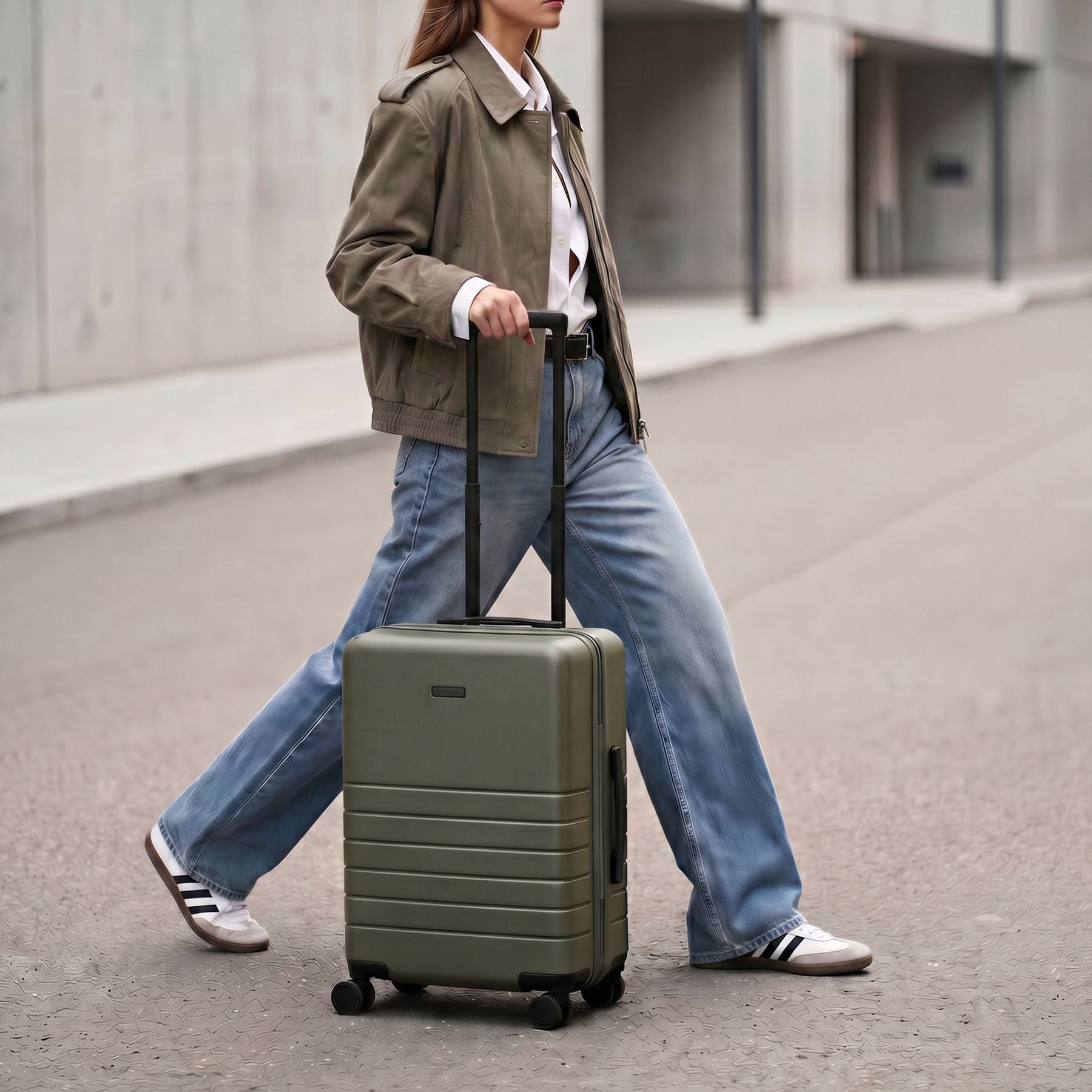 FEYNSINN Handgepäck-Koffer RYKER mit Frontfach schwarz beige olive Reisekoffer Kabinen-Trolley Hartschale 4 Rollen Inuse