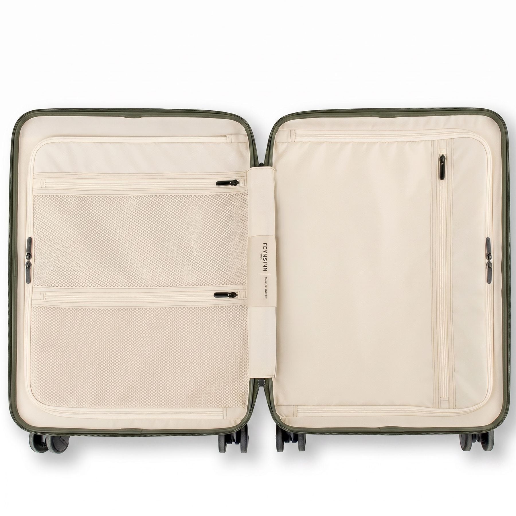 FEYNSINN Handgepäck-Koffer RYKER mit Frontfach schwarz beige olive Reisekoffer Kabinen-Trolley Hartschale 4 Rollen Innen