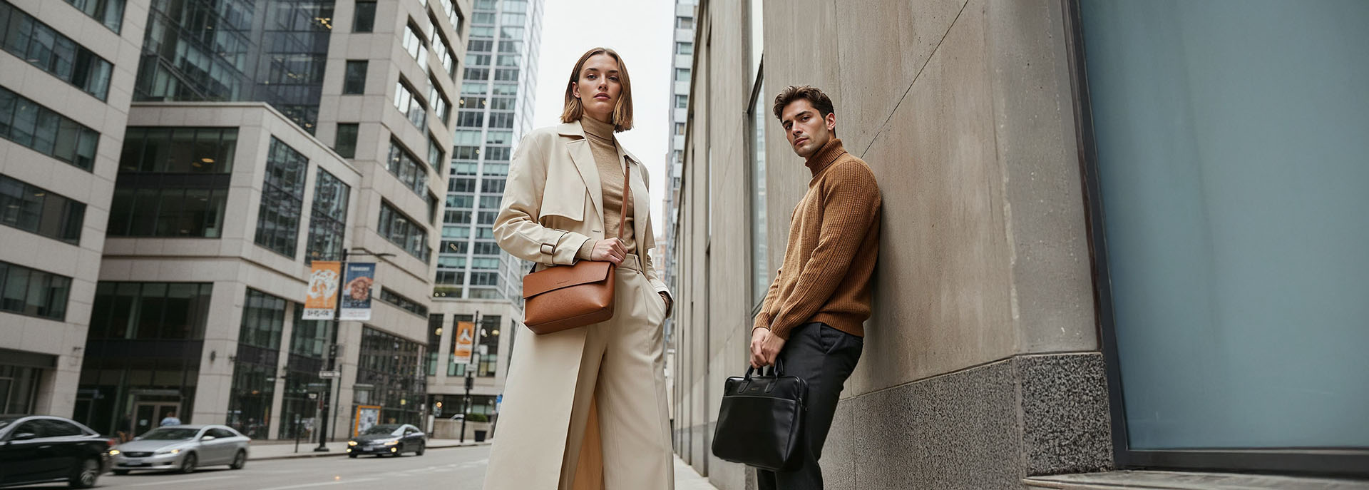 Mann und Frau mit Ledertaschen