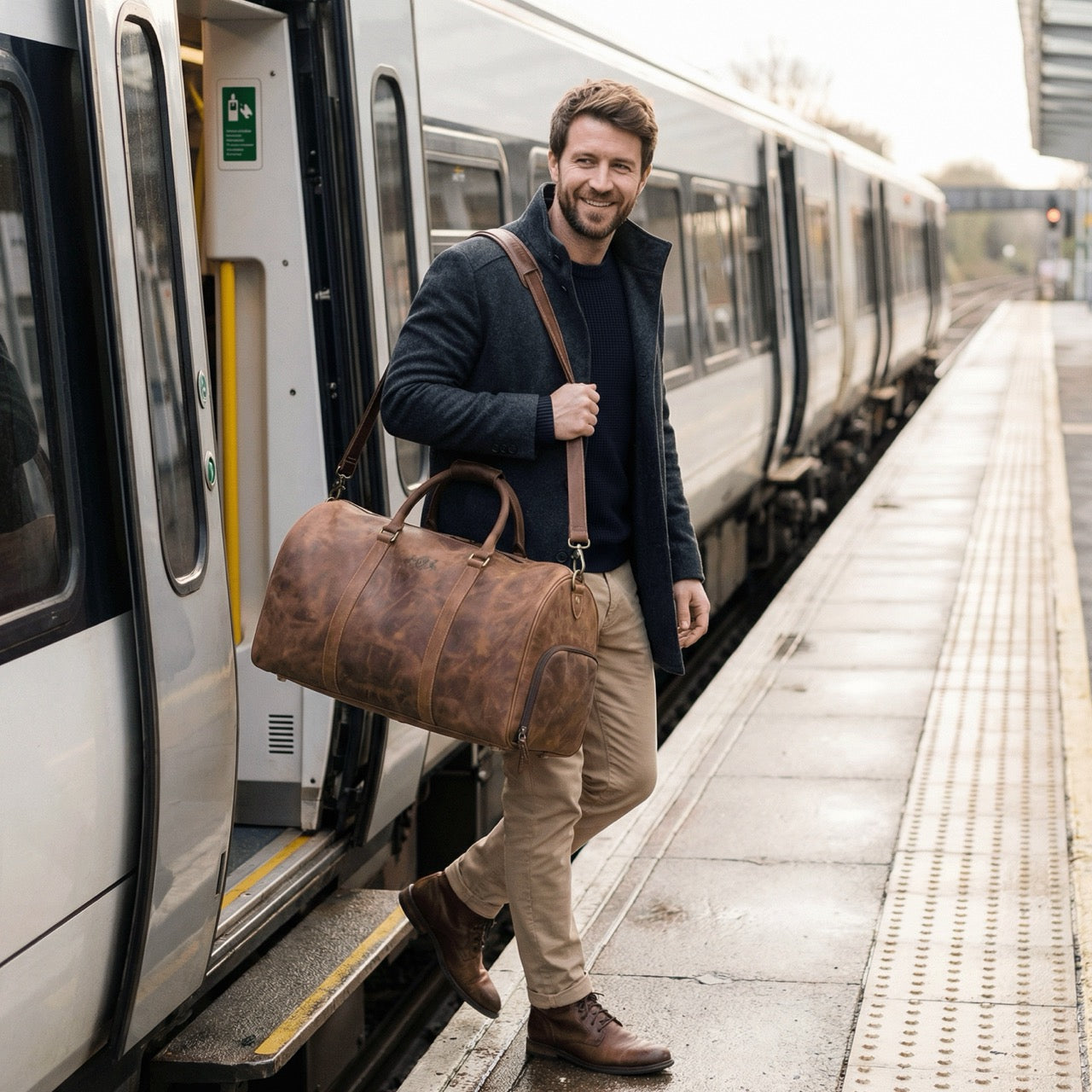 Reisetasche Hunter Leder an Mann bei Bahnhof