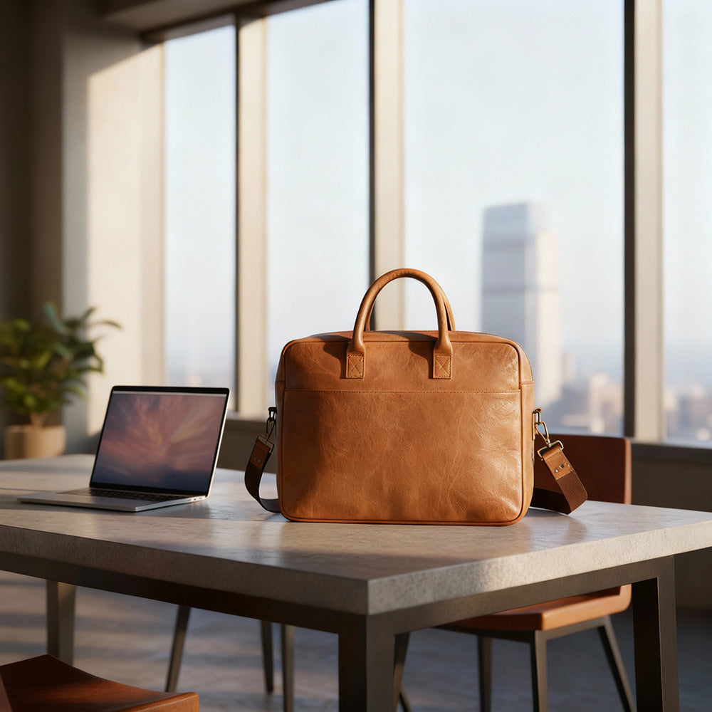Ledertasche hellbraun auf Bürotisch