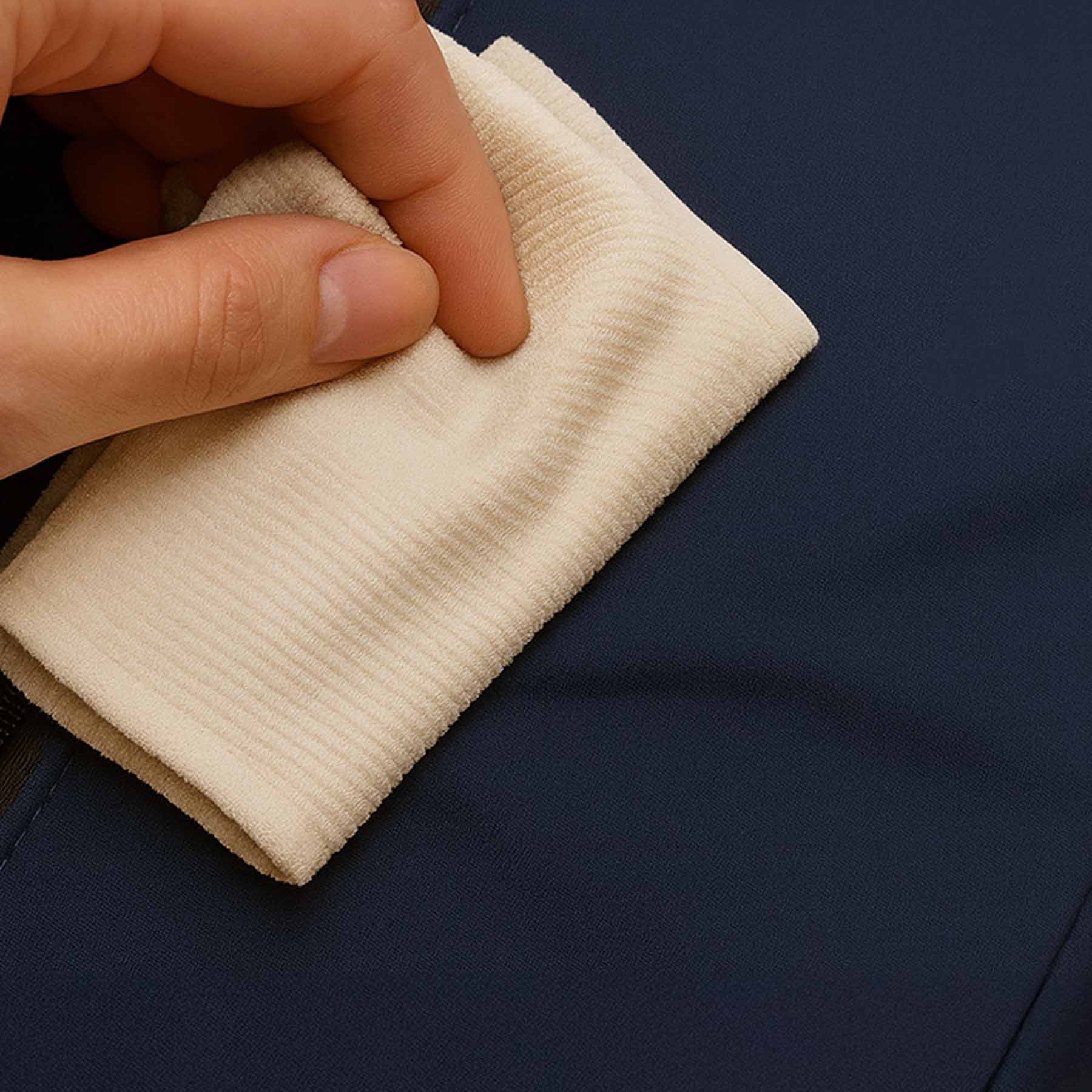 Nylon in blau wird mit Tuch gepflegt.