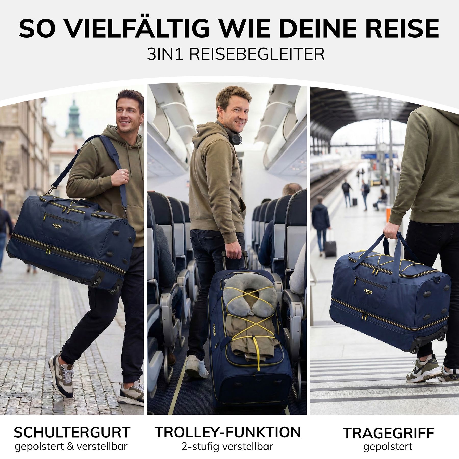 Erweiterbare Reisetasche Handgepäck mit Rollen PARIS blau-gelb