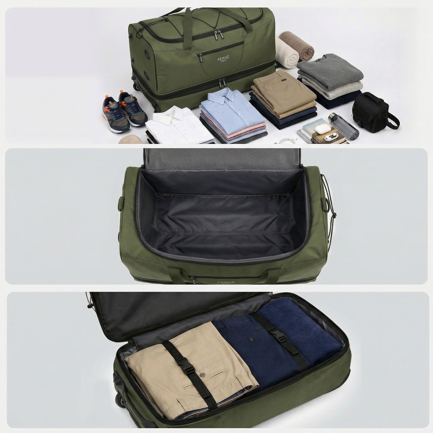 Erweiterbare Reisetasche mit Rollen PARIS olive-grün