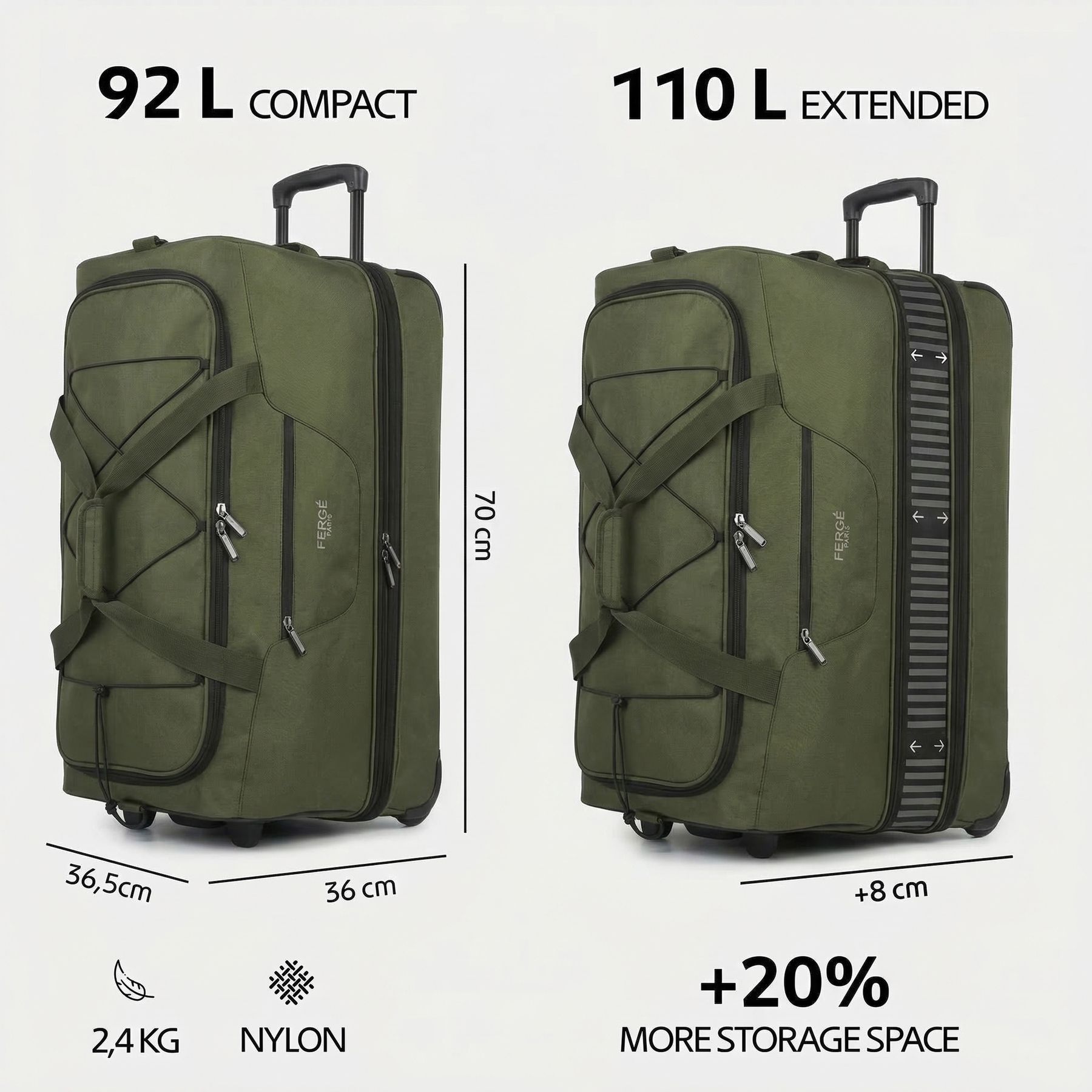 Erweiterbare Reisetasche mit Rollen PARIS olive-grün