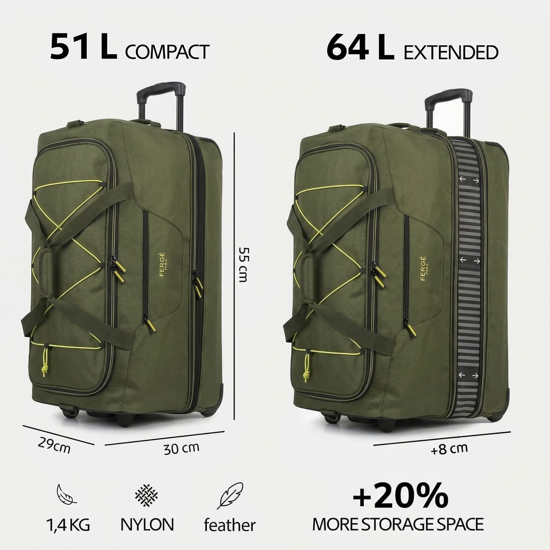 Erweiterbare Reisetasche Handgepäck mit Rollen PARIS grün-gelb