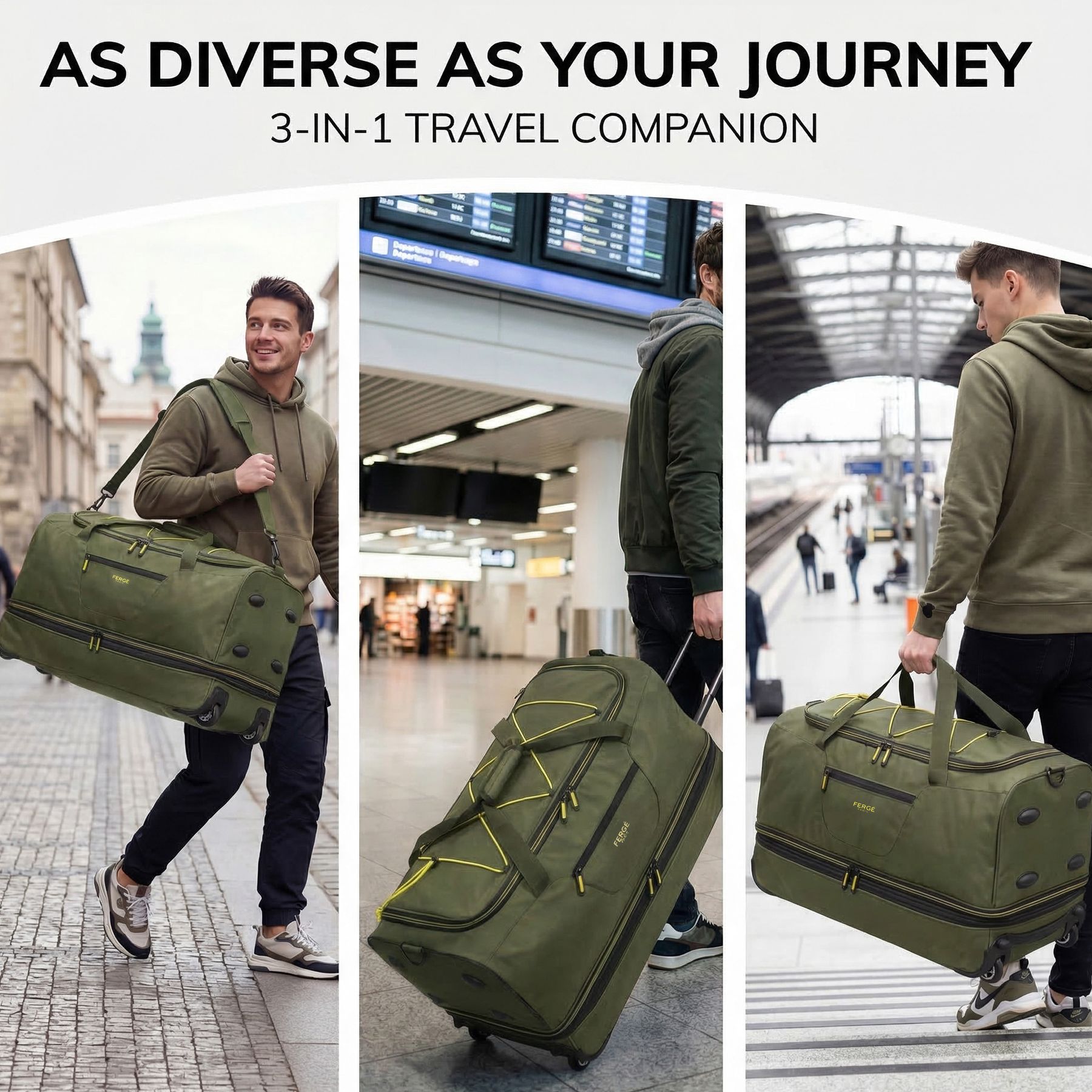 Erweiterbare Reisetasche mit Rollen PARIS olive-gelb