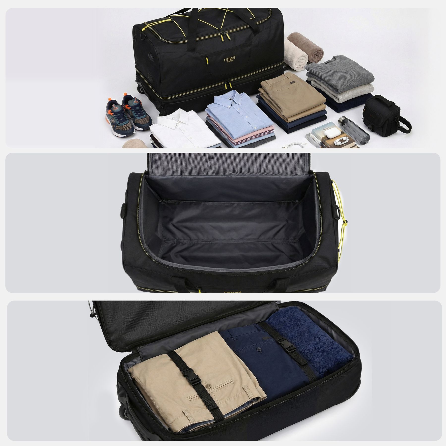 Erweiterbare Reisetasche mit Rollen PARIS schwarz-gelb