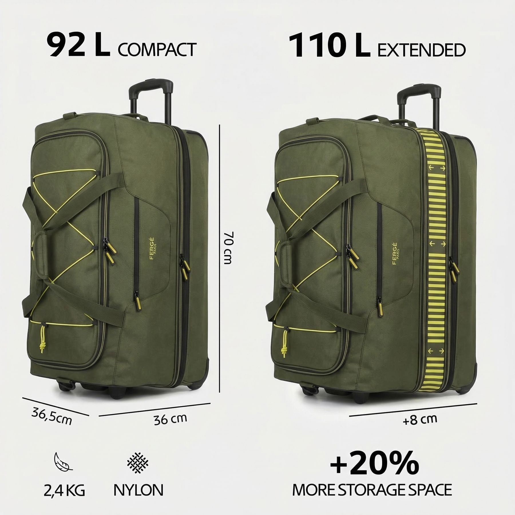 Erweiterbare Reisetasche mit Rollen PARIS olive-gelb