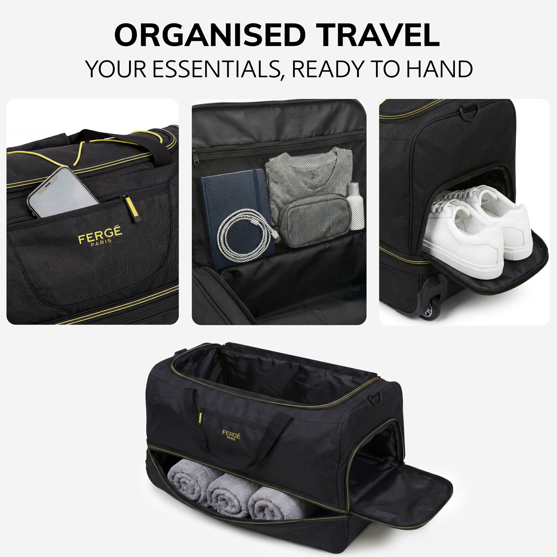 Erweiterbare Reisetasche mit Rollen PARIS schwarz-gelb