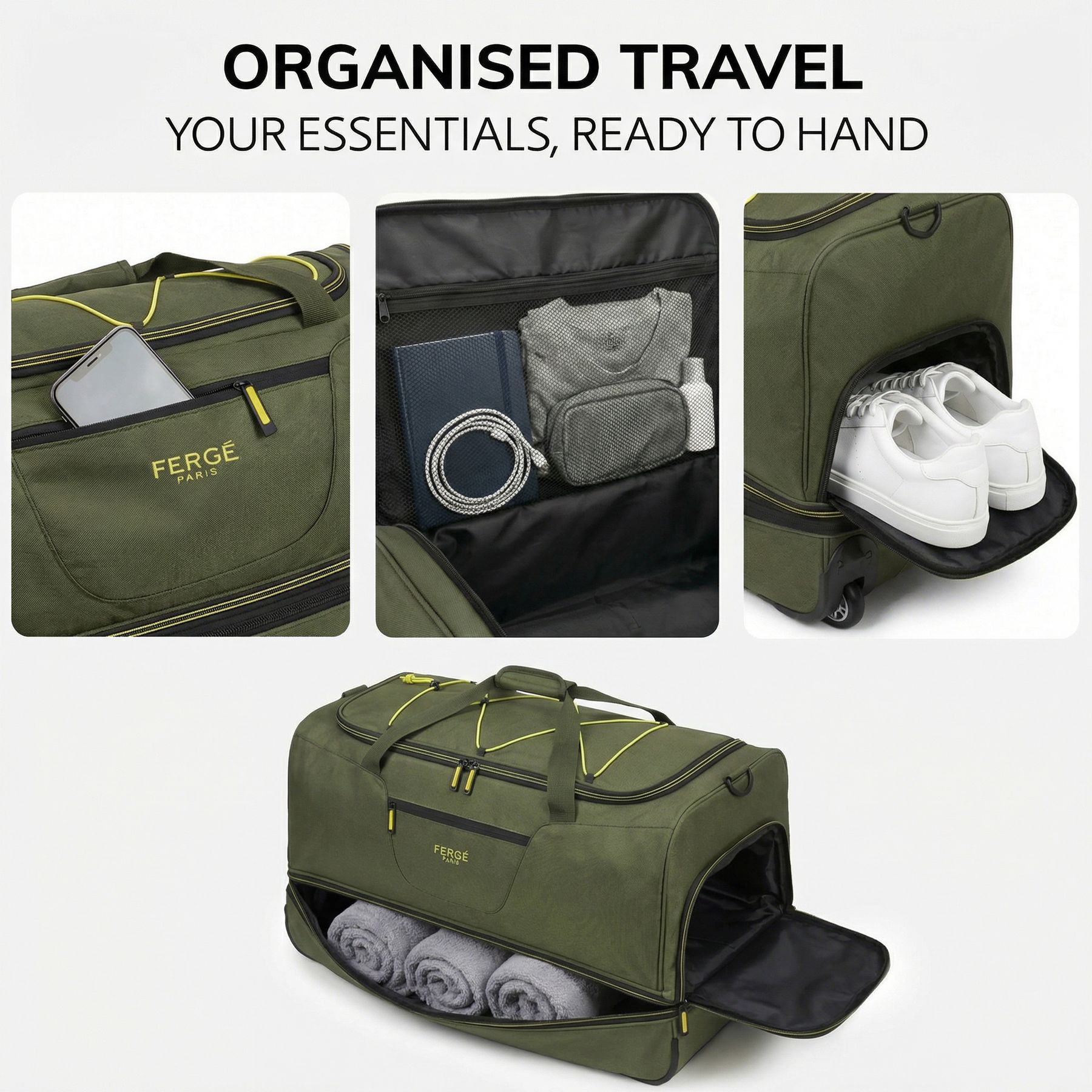 Erweiterbare Reisetasche mit Rollen PARIS olive-gelb