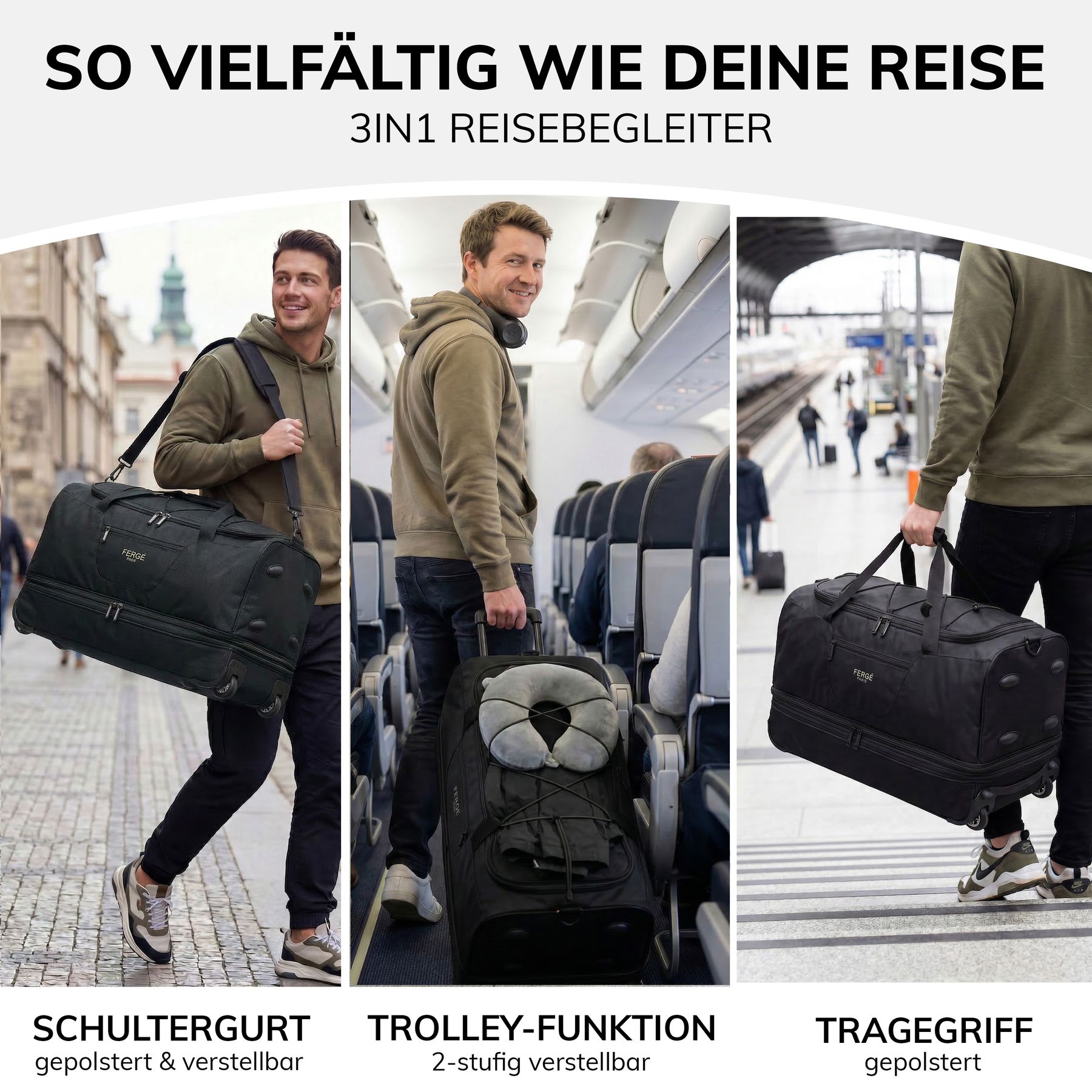 Erweiterbare Reisetasche Handgepäck mit Rollen PARIS schwarz