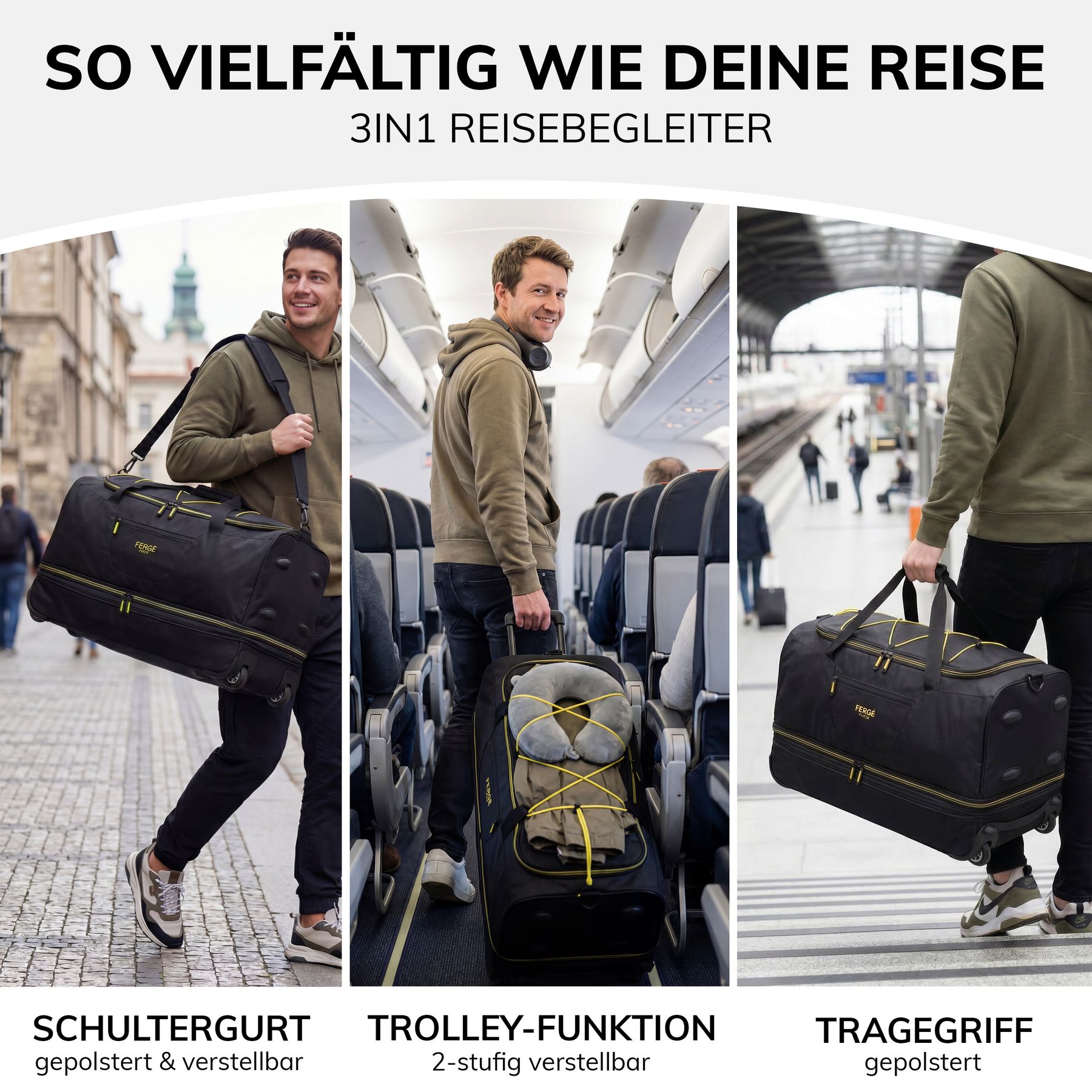 Erweiterbare Reisetasche Handgepäck mit Rollen PARIS schwarz-gelb