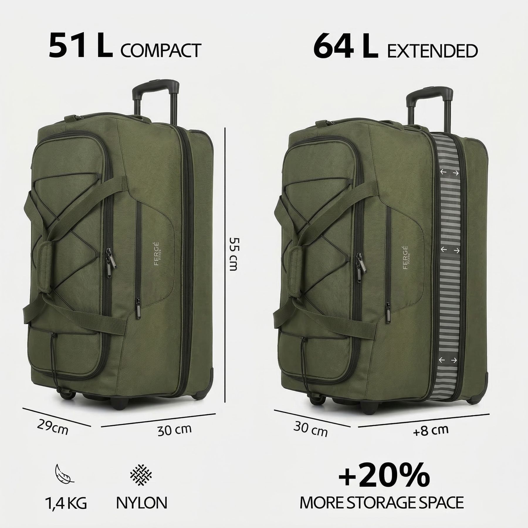 Erweiterbare Reisetasche Handgepäck mit Rollen PARIS grün-olive