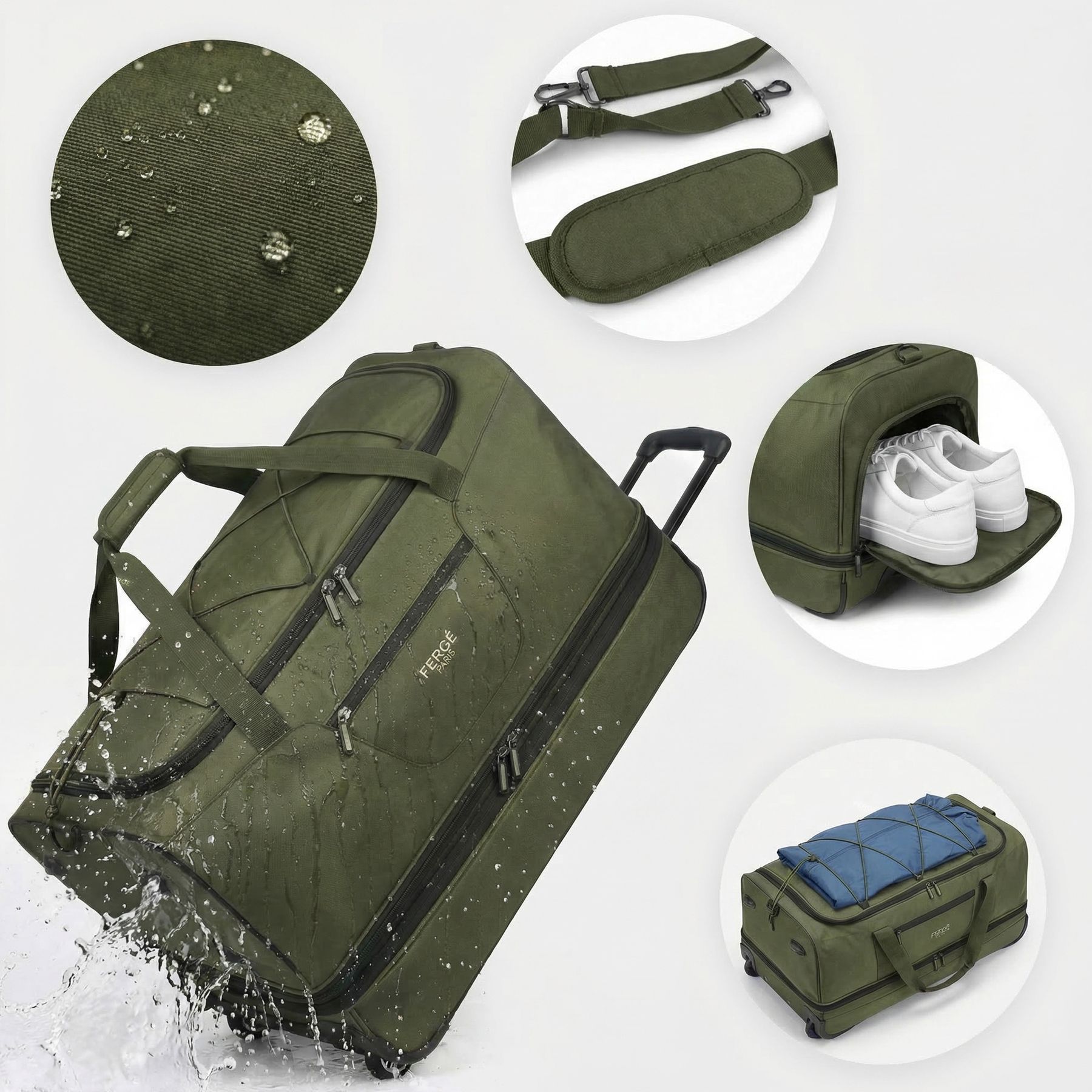 Erweiterbare Reisetasche Handgepäck mit Rollen PARIS grün-olive