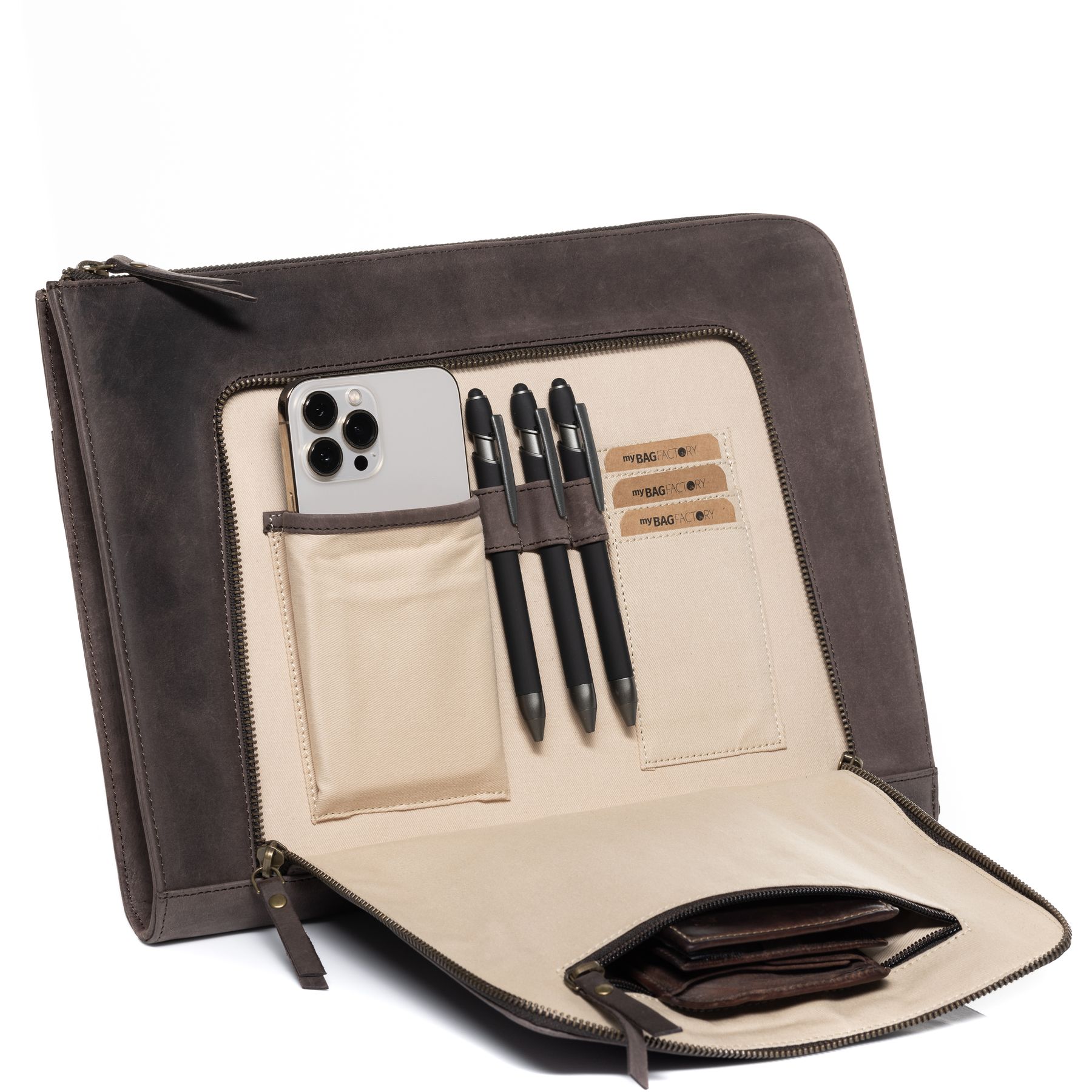 SID & VAIN Laptop-Hülle Leder CHELSEA beige braun Laptoptasche Zip 1
