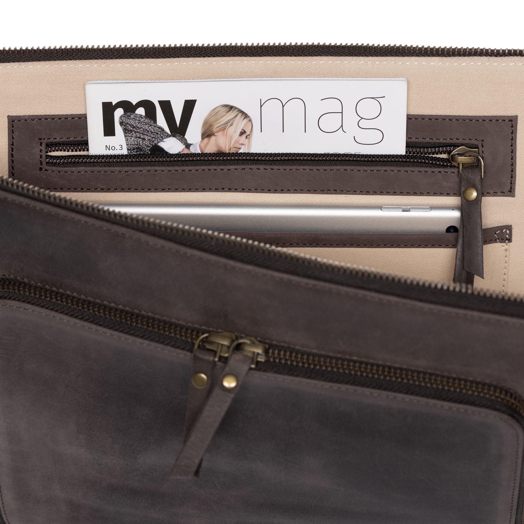 SID & VAIN Laptop-Hülle Leder CHELSEA beige braun Laptoptasche Zip 6