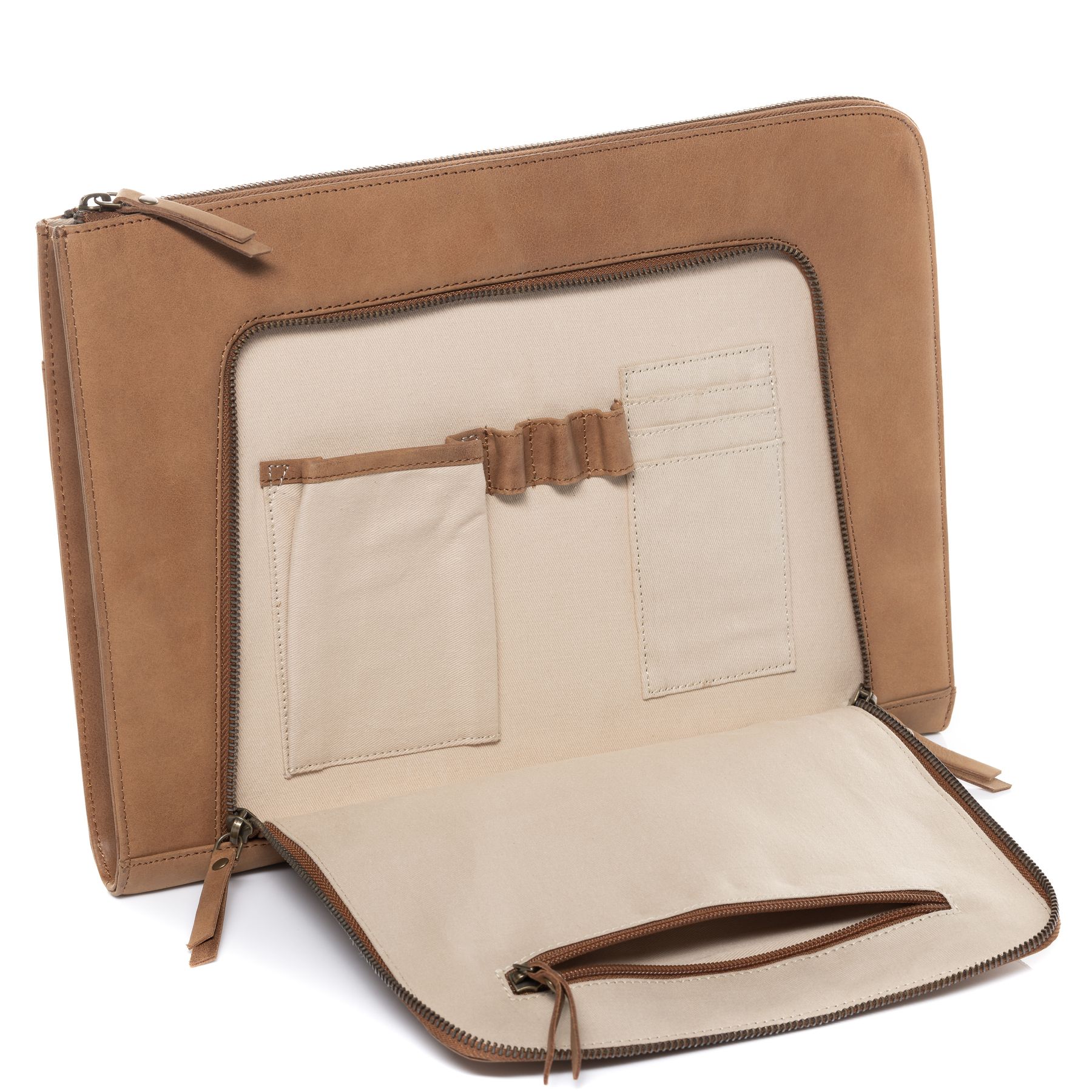 SID & VAIN Laptop-Hülle Leder CHELSEA beige braun Laptoptasche Zip 13