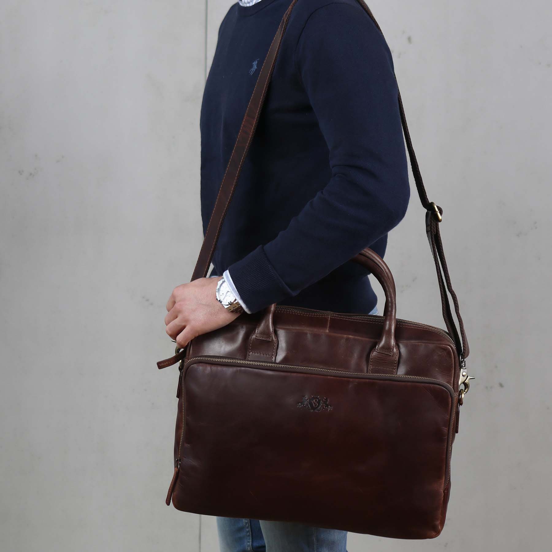 SID & VAIN Laptoptasche Leder XL RYAN braun-cognac 33044