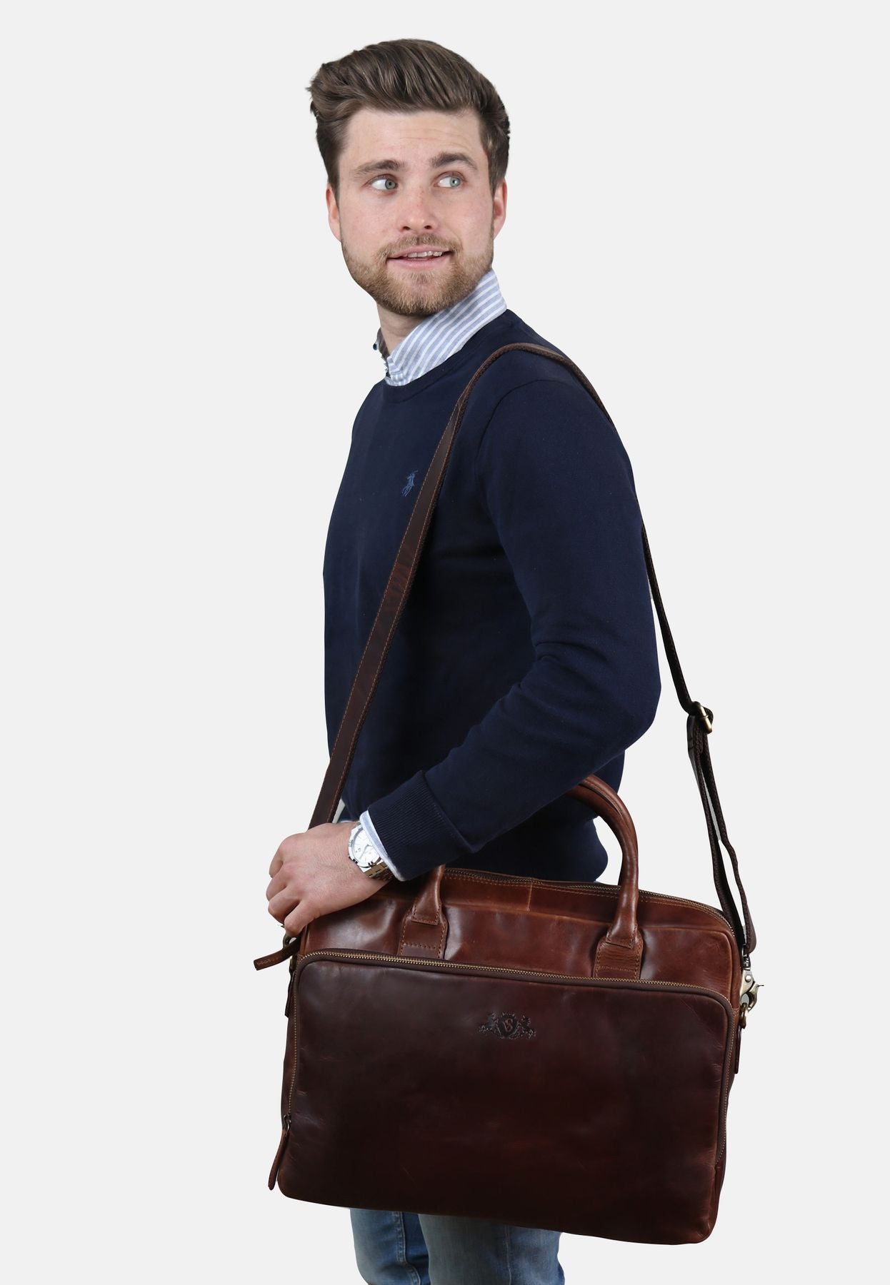 SID & VAIN Laptoptasche Leder XL RYAN braun-cognac 33041