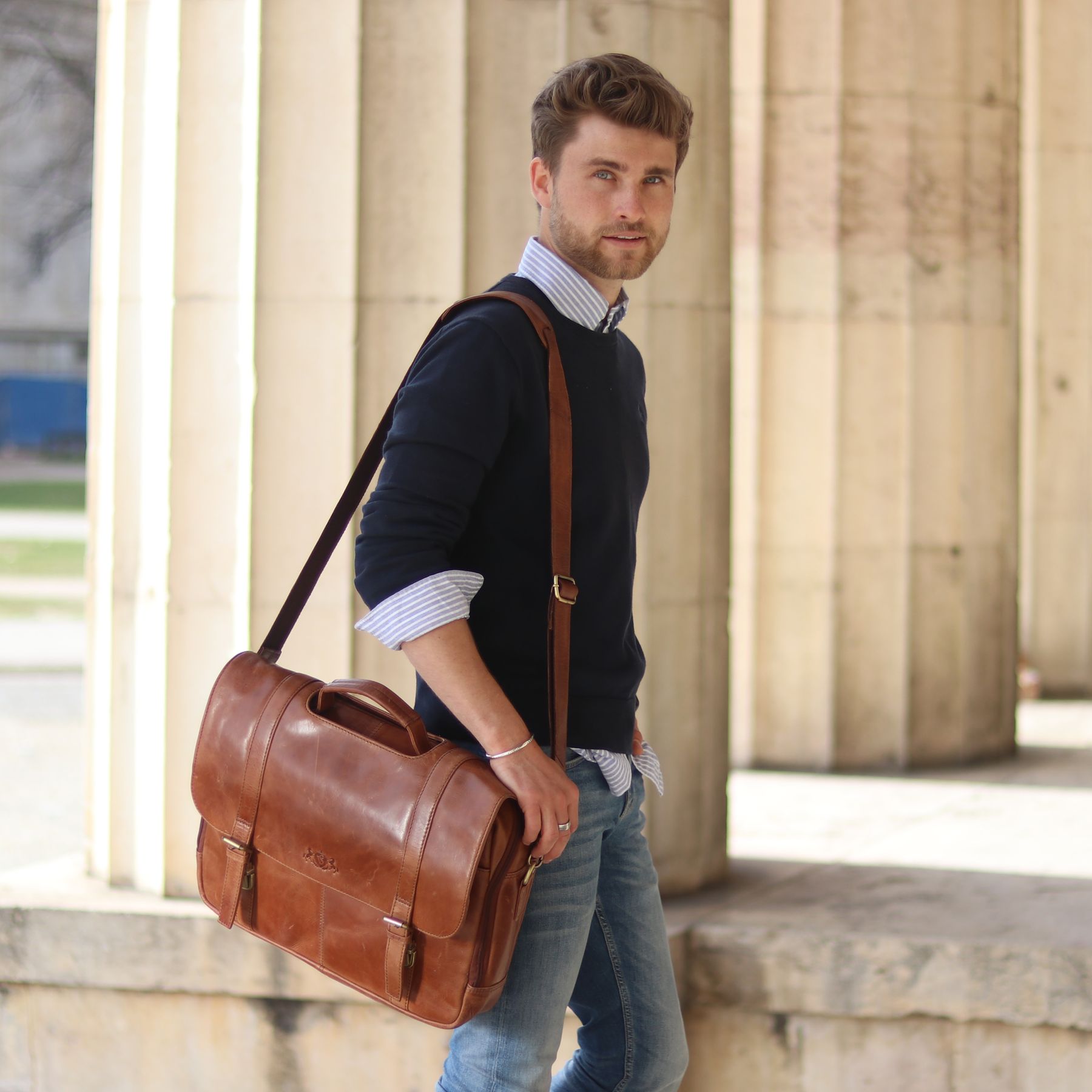 SID & VAIN Laptoptasche Lehrertasche Leder XL SPECTOR light-brown 28899