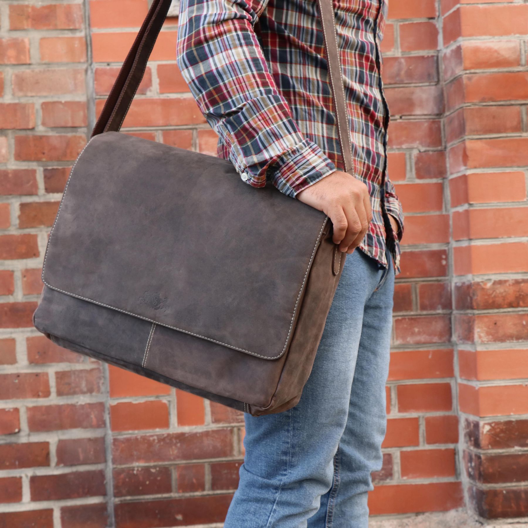 SID & VAIN Laptoptasche Leder Messenger Bag Leder XL SPENCER Vintage-brown2 25503
