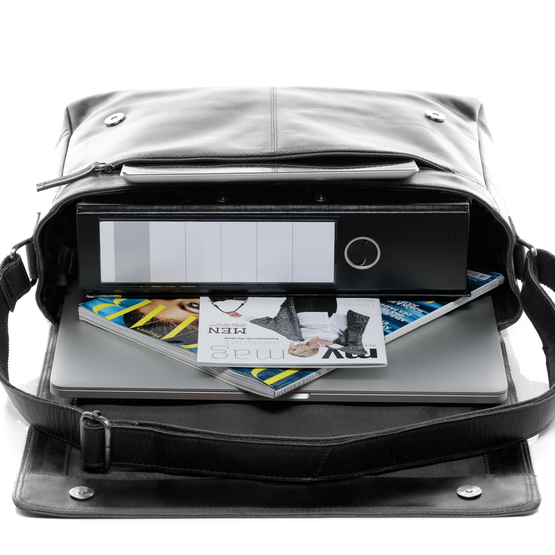 SID & VAIN Laptoptasche Leder Messenger Bag Leder XL SPENCER schwarz-smooth 23205