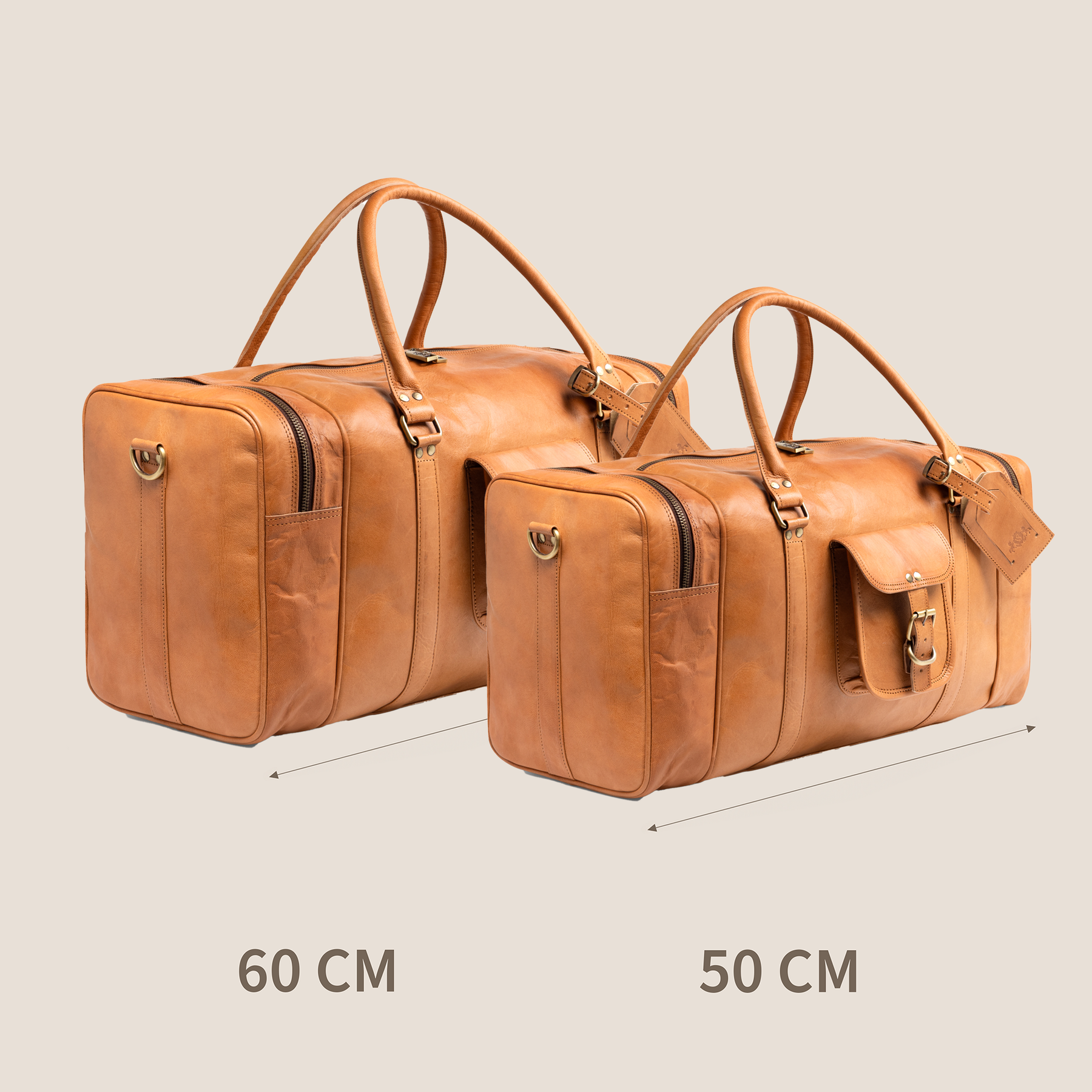 Reisetasche aus Ziegenleder hellbraun in zwei größen einmal 60 cm und einmal 50 cm