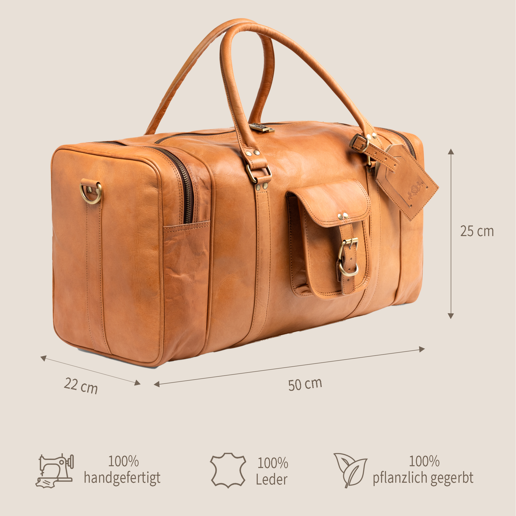 Reisetasche aus Ziegenleder in hellbraun Maße 50x22x25 cm