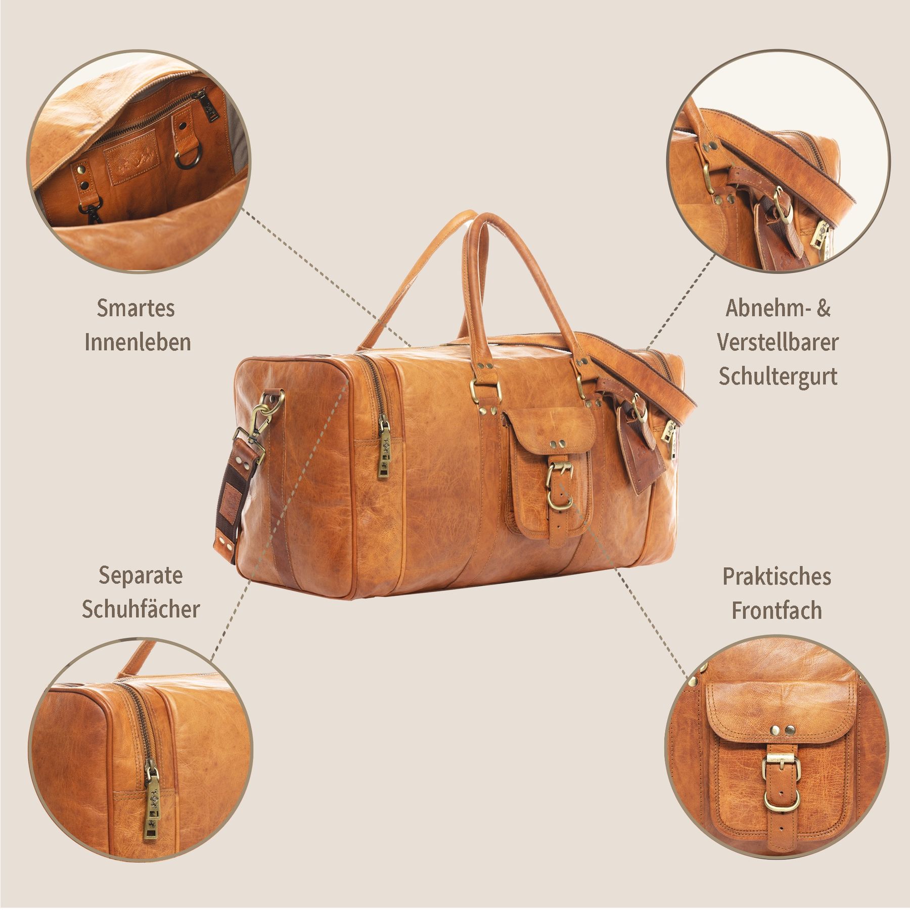 SID & VAIN Reisetasche echt Leder Sporttasche Handgepäck Damen Herren Weekender hellbraun LANDON gross 50587