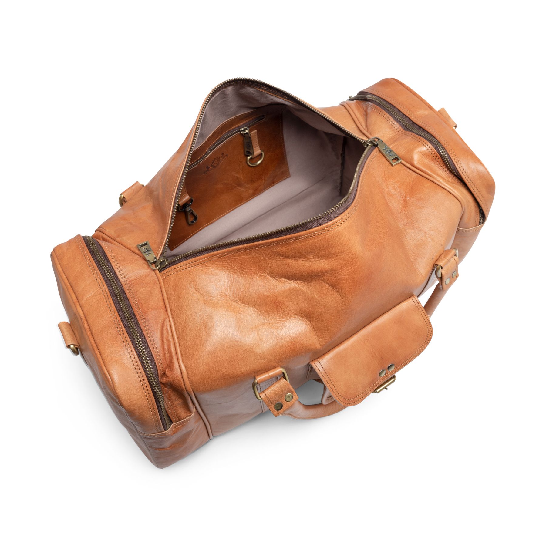 Reisetasche aus Ziegenleder in hellbraun Produktbild Weekender ist offen