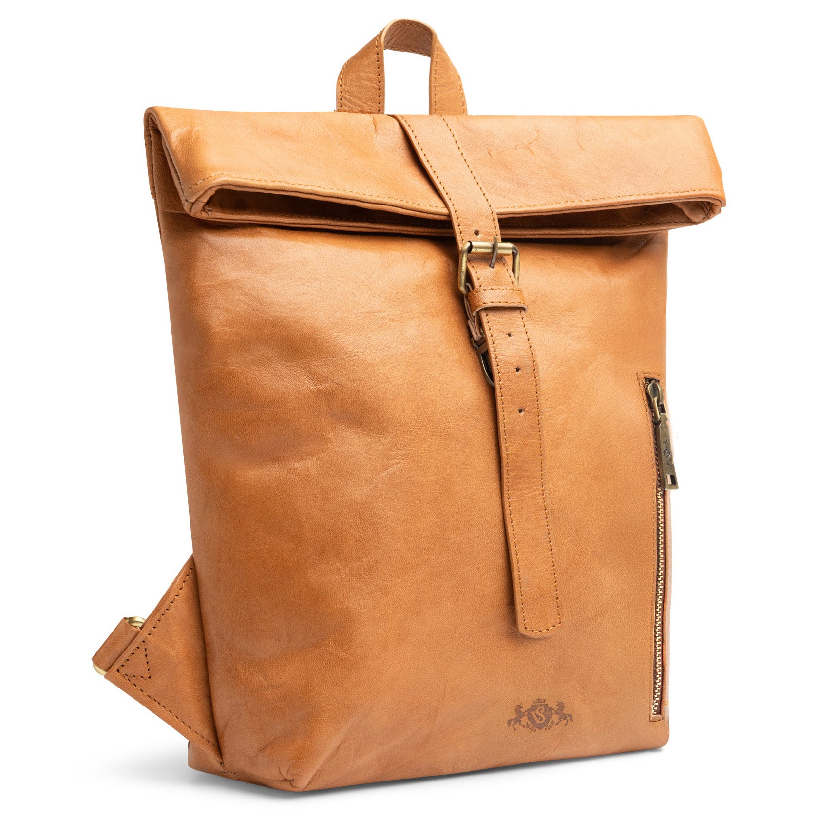 SID & VAIN Rolltop Rucksack echt Leder 15" Zoll Laptop Damen Herren Lederrucksack hellbraun BRODY 50559