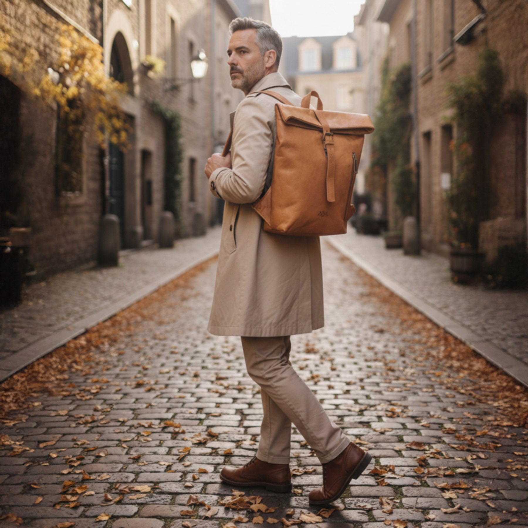 SID & VAIN Rolltop Rucksack echt Leder 15" Zoll Laptop Damen Herren Lederrucksack hellbraun BRODY 50665