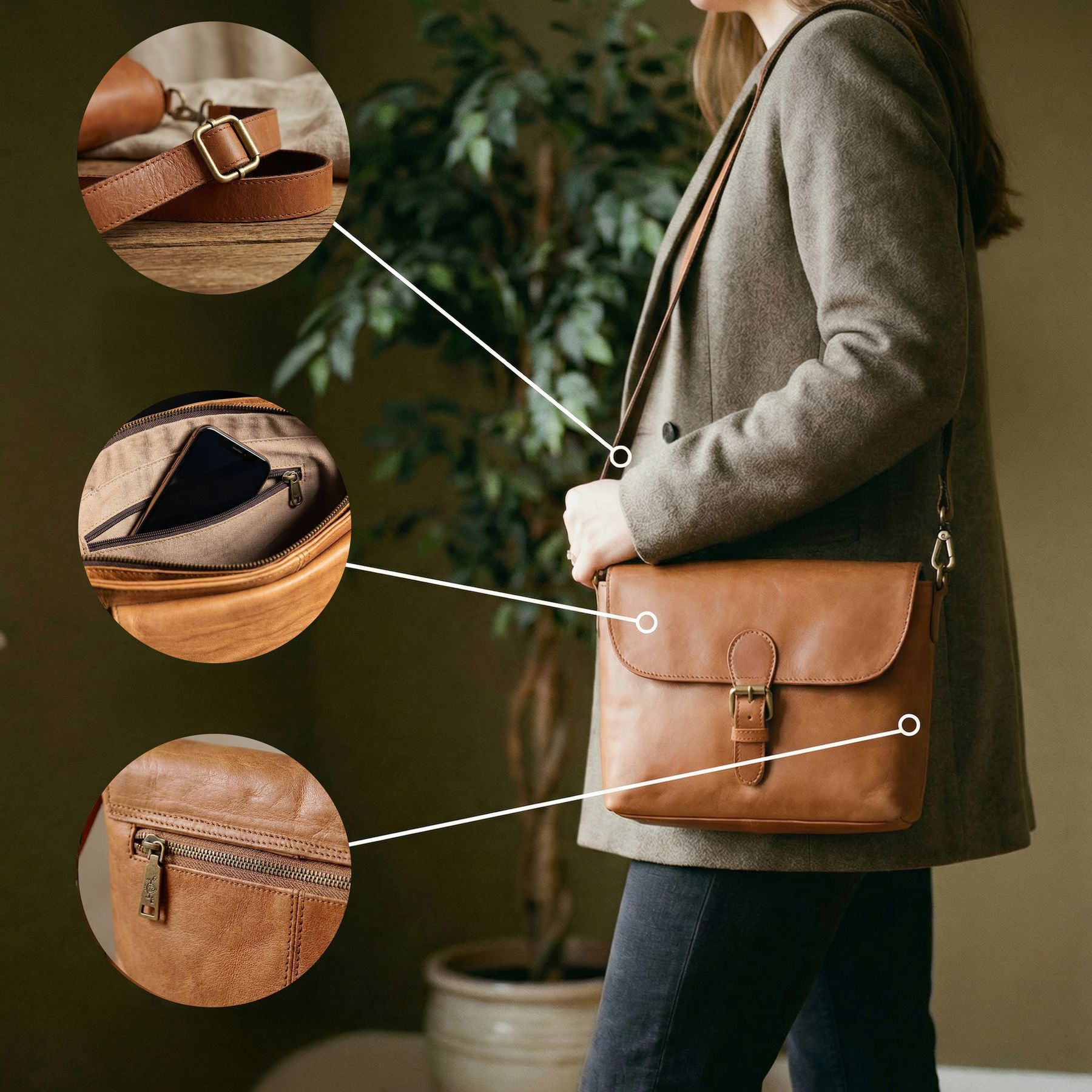 SID & VAIN Schultertasche YALE braun Features