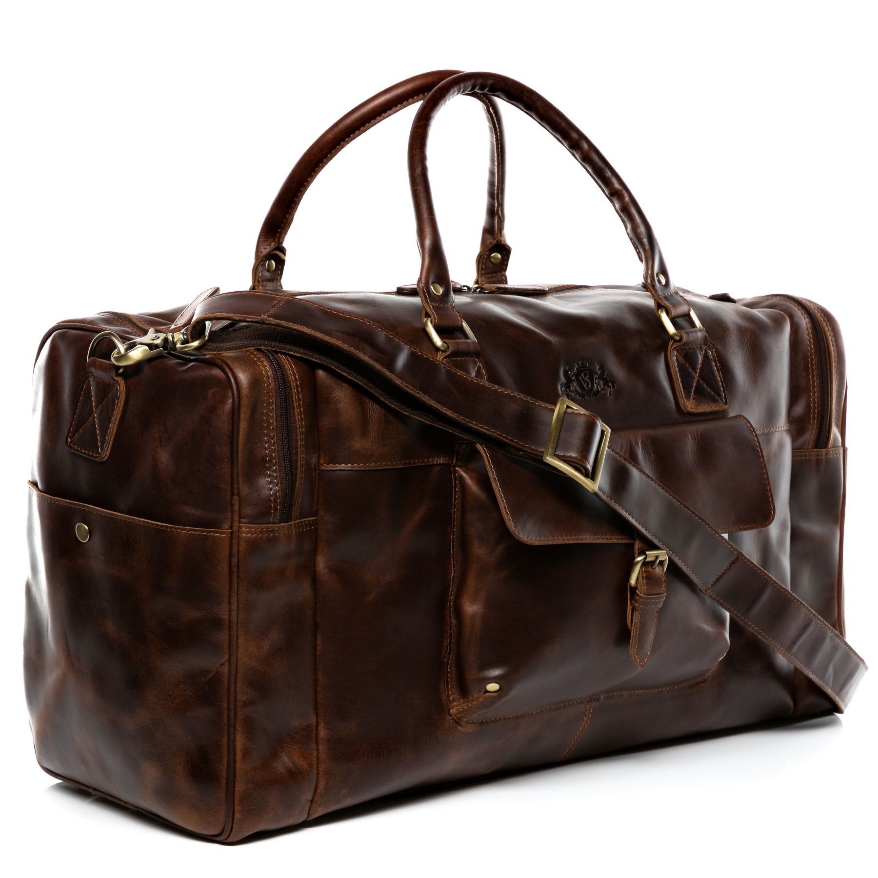 Produktbild seitlich von Reisetasche aus Leder mit schoener Patina 1997