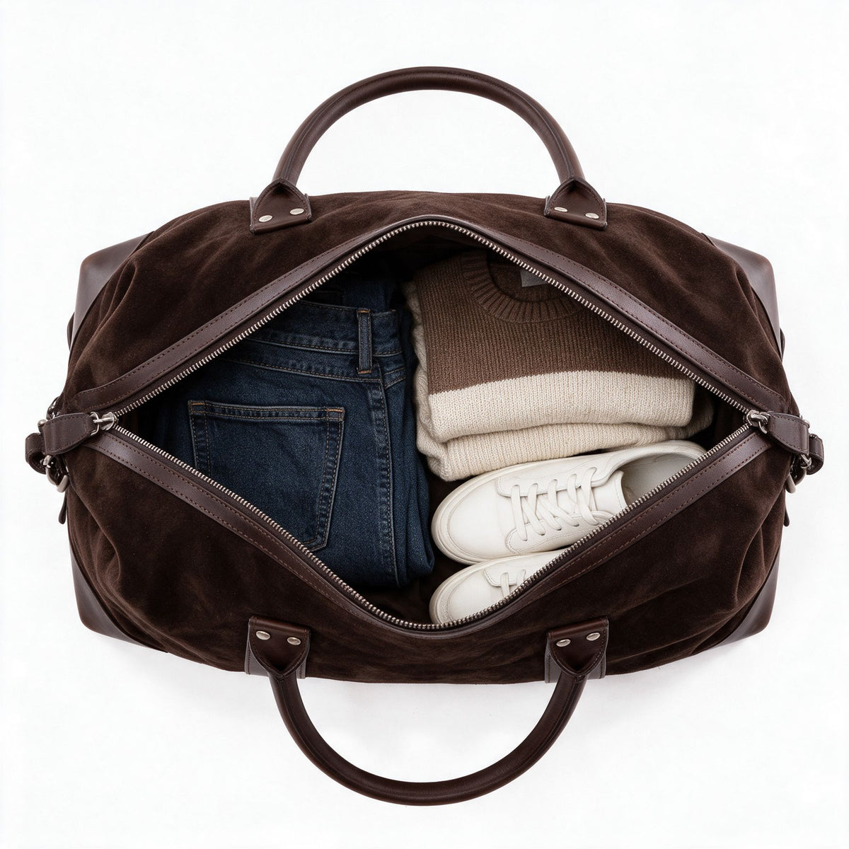 Wildleder Reisetasche Lennox braun Packbild