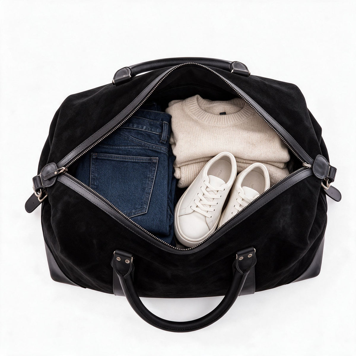 Wildleder Reisetasche Lennox schwarz gepackt