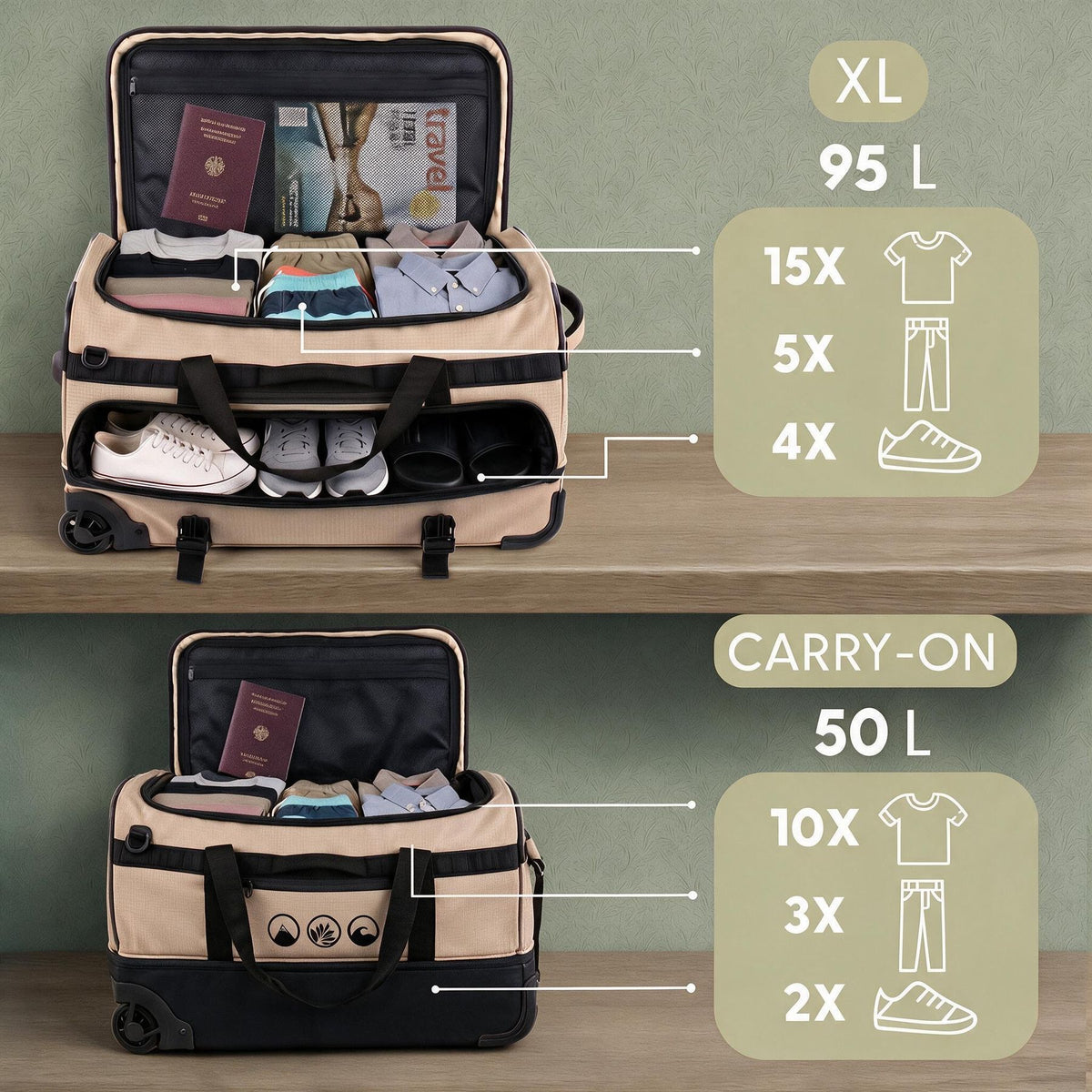 Reisetasche Rucksack Trolley in einem flexibles System Handgepäck beige Innen XL