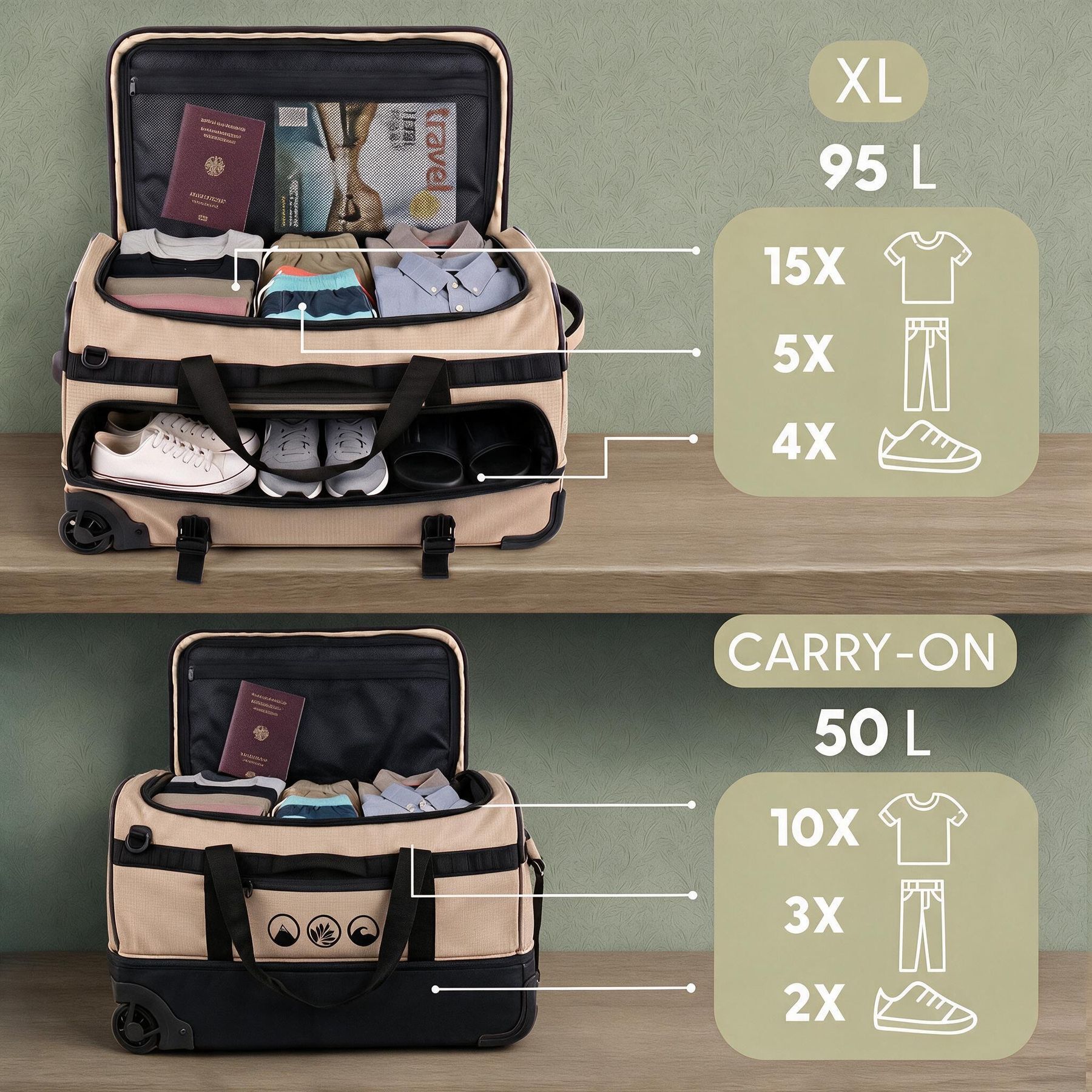 Reisetasche Rucksack Trolley in einem flexibles System Handgepäck beige Innen