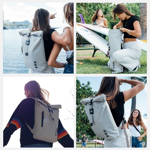 Foto colgrauer Rucksack Frau lage mit vier Bildern Reiserucksack Damen