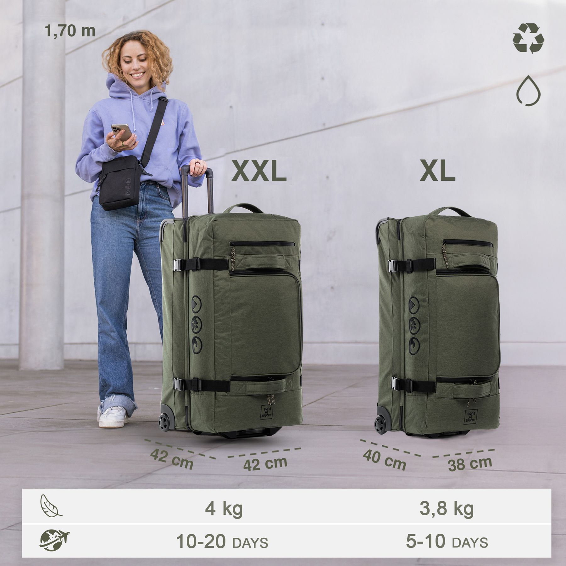 SONS OF ALOHA Sac de voyage avec 2 roulettes, grand format, nombreux compartiments KANE Valise à roulettes souple, olive Bagages XL